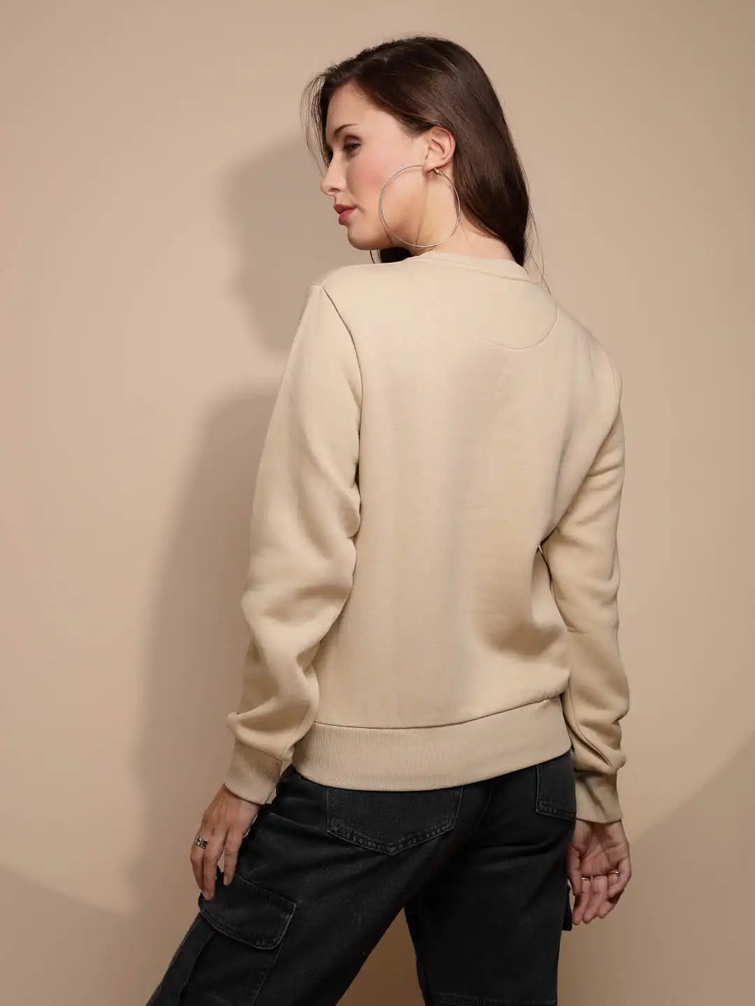 Beige Embroidered Round Neck Sweatshirt