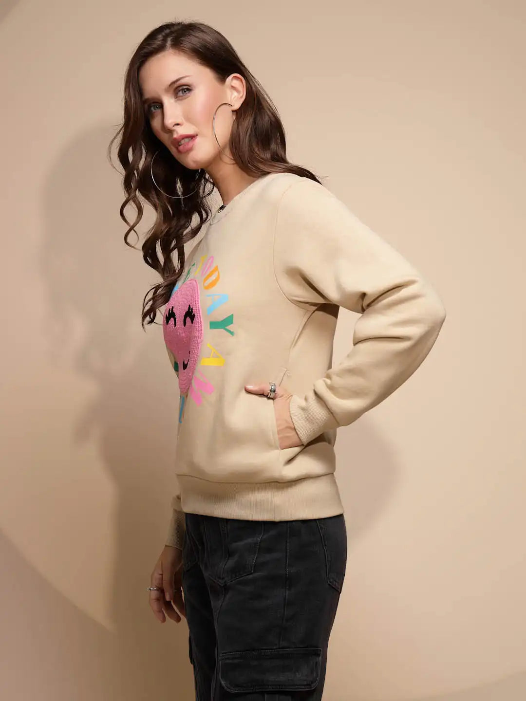 Beige Embroidered Round Neck Sweatshirt