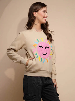 Beige Embroidered Round Neck Sweatshirt