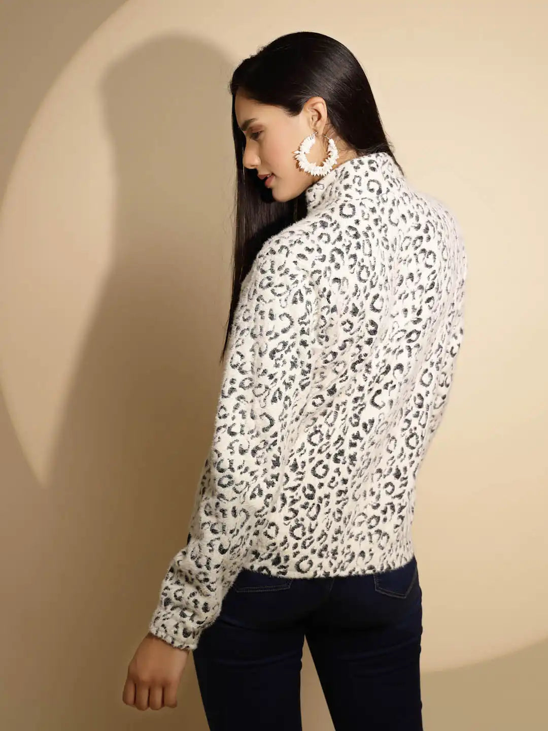 Black and white Animal print Full Sleeve Turtle Neck Hosiery Sweatshirt - Global Republic