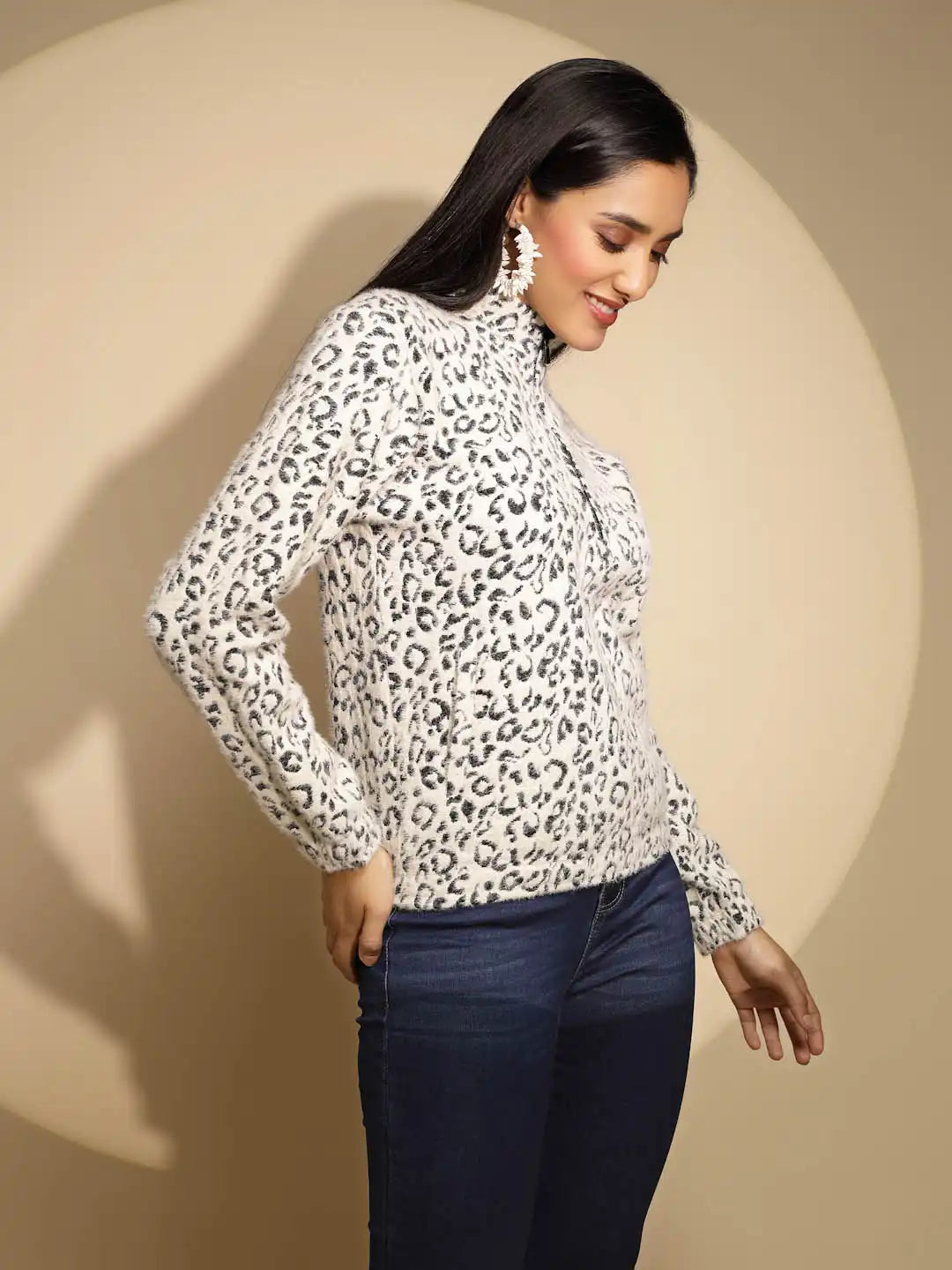 Black and white Animal print Full Sleeve Turtle Neck Hosiery Sweatshirt - Global Republic