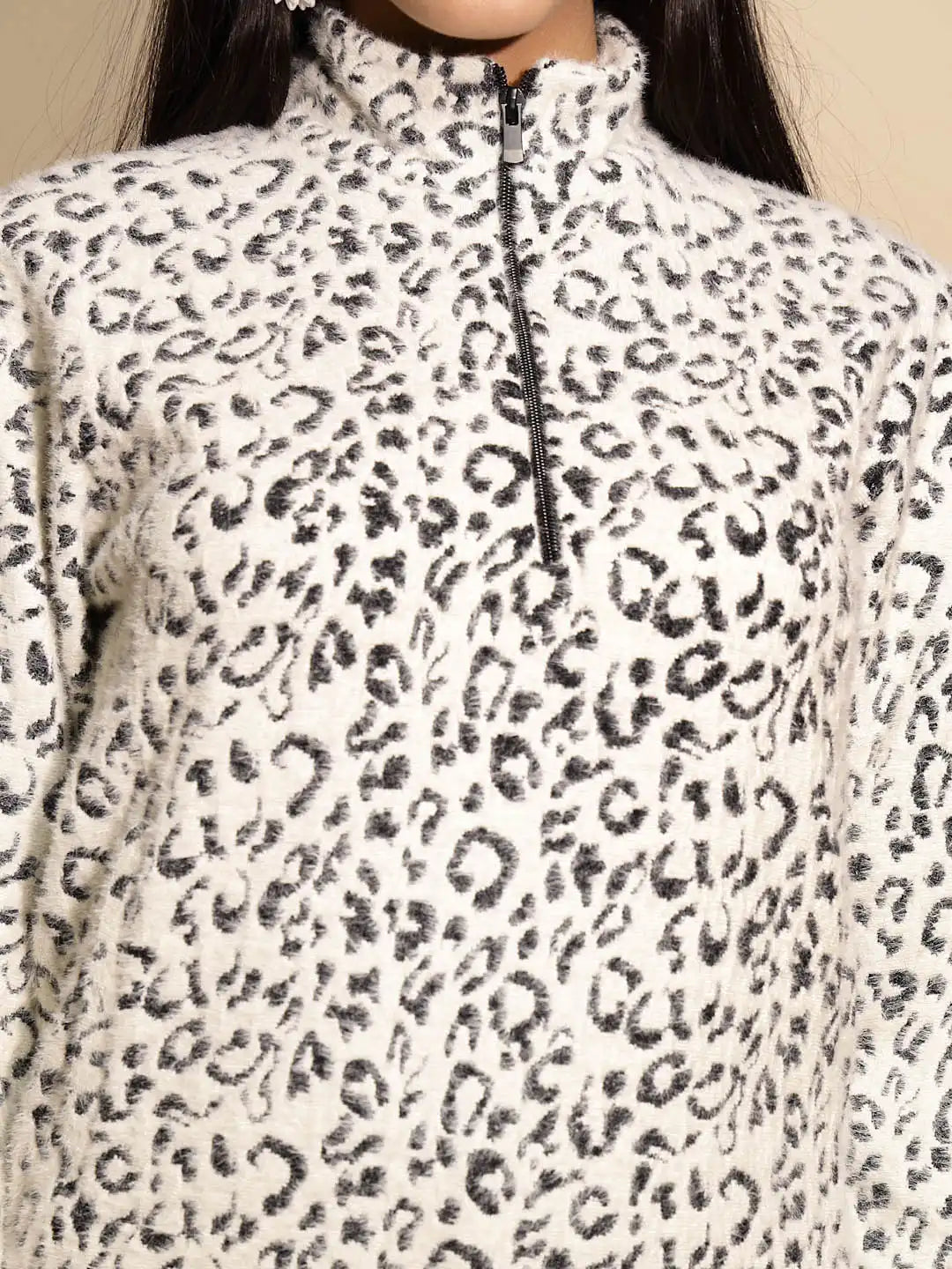 Black and white Animal print Full Sleeve Turtle Neck Hosiery Sweatshirt - Global Republic
