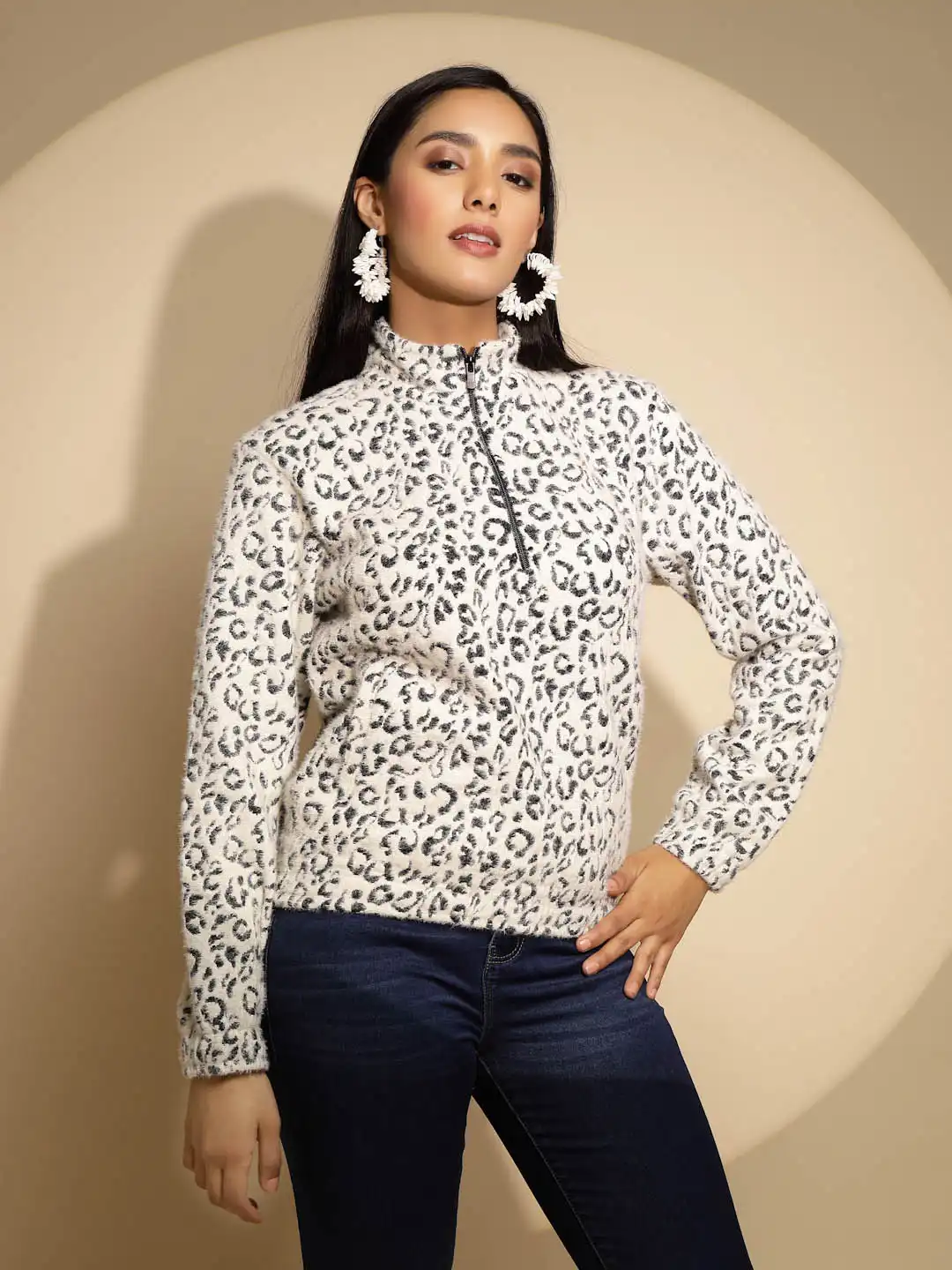 Black and white Animal print Full Sleeve Turtle Neck Hosiery Sweatshirt - Global Republic