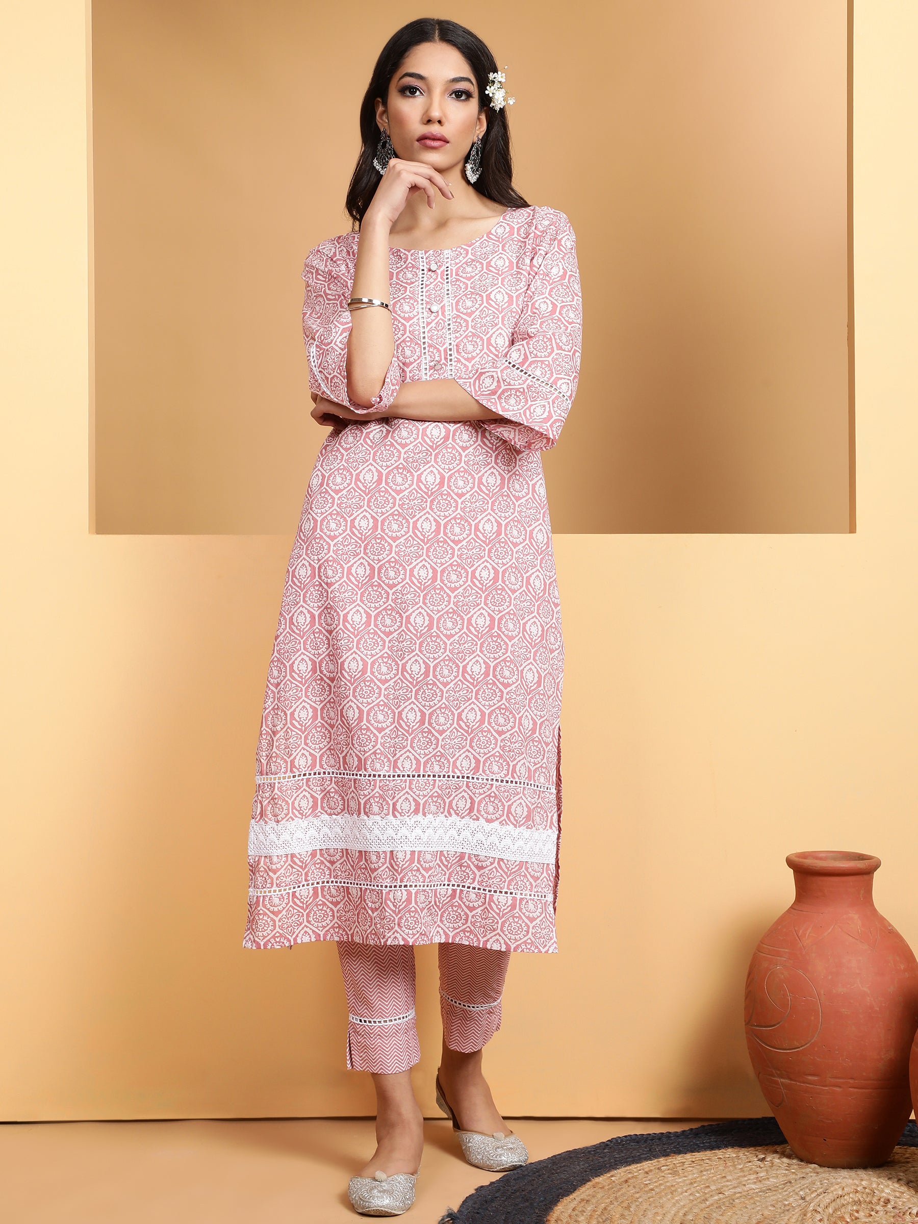 Women Pink Round Neck Printed Straight Kurta Set