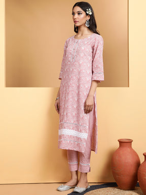 Women Pink Round Neck Printed Straight Kurta Set