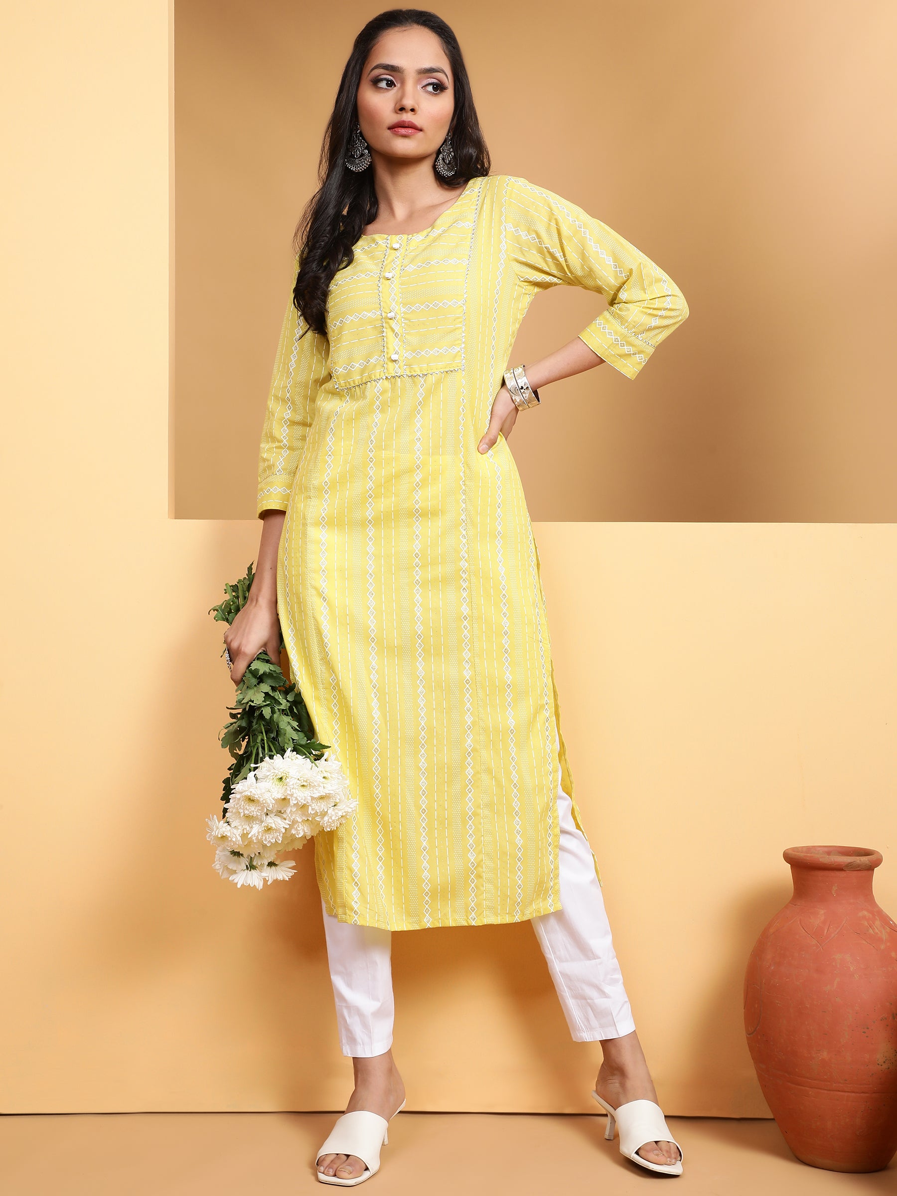 Women Lemon Round Neck Printed Kurta - Global Republic
