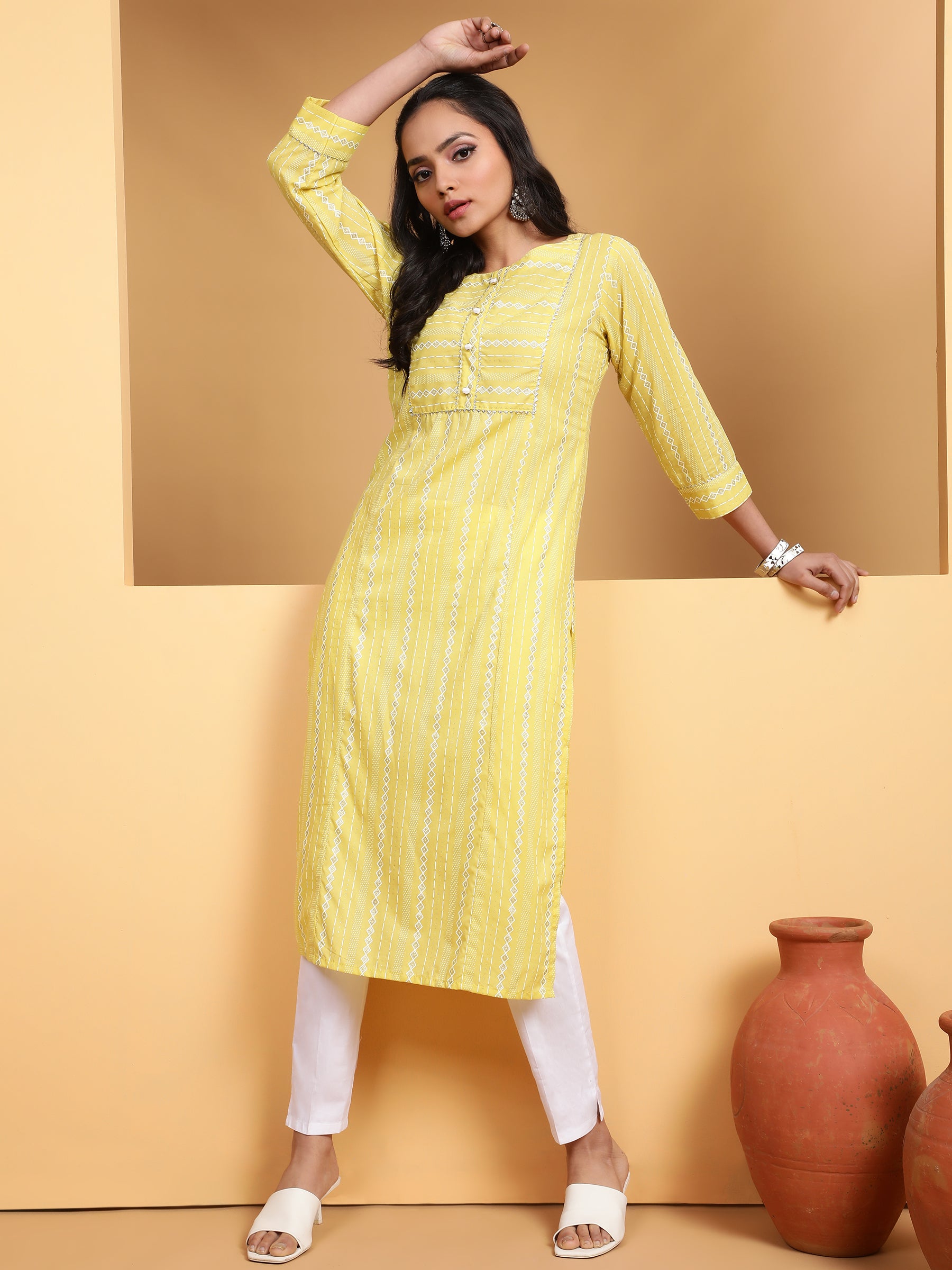 Women Lemon Round Neck Printed Kurta - Global Republic
