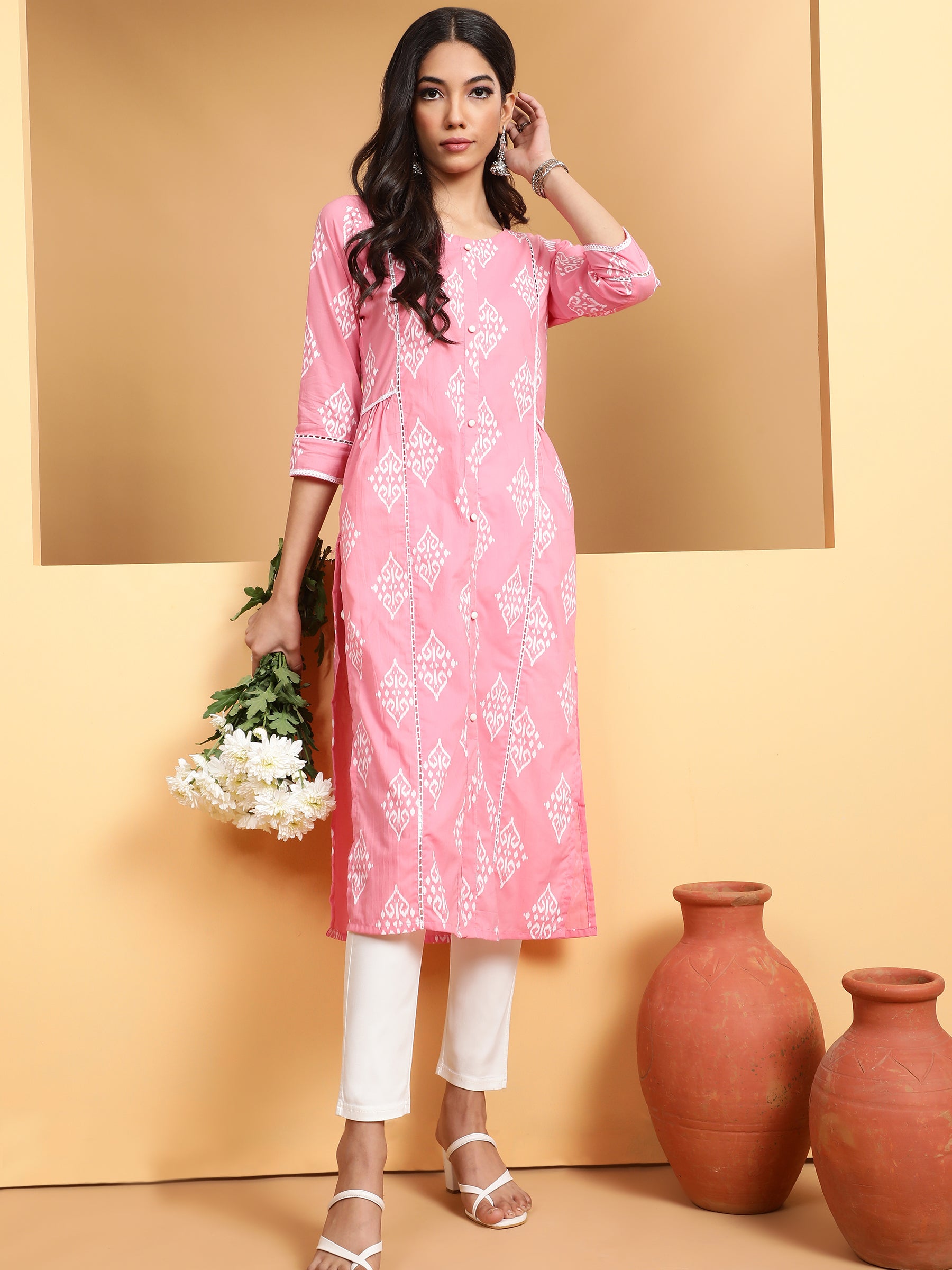 Women Pink Round Neck Printed Kurta
