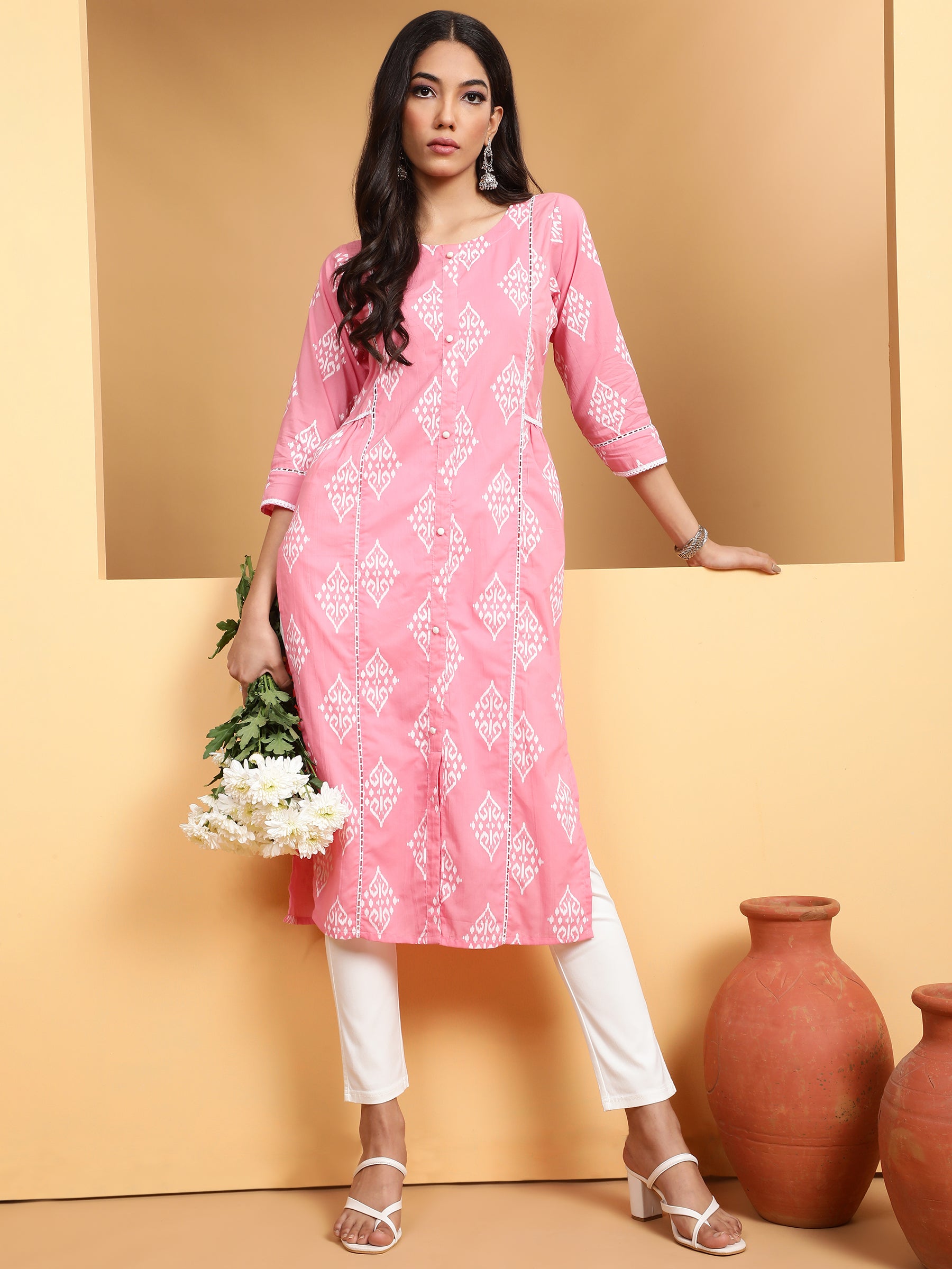 Women Pink Round Neck Printed Kurta - Global Republic