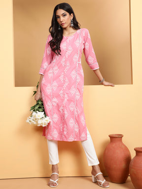 Women Pink Round Neck Printed Kurta