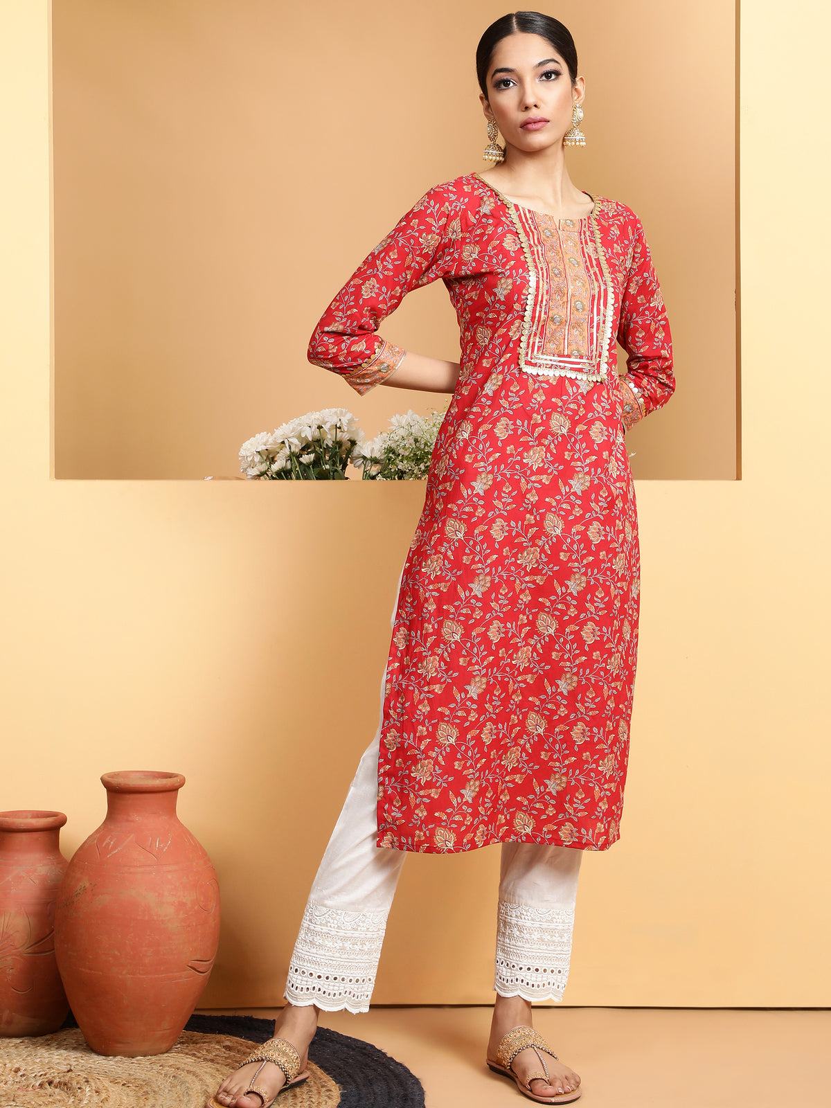 Women Red Round Neck Printed Kurta