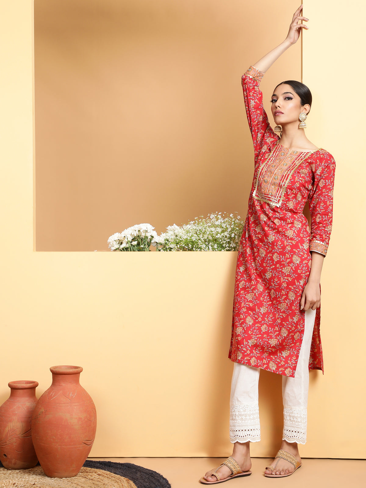 Women Red Round Neck Printed Kurta