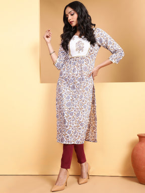 Women White Round Neck Printed Kurta