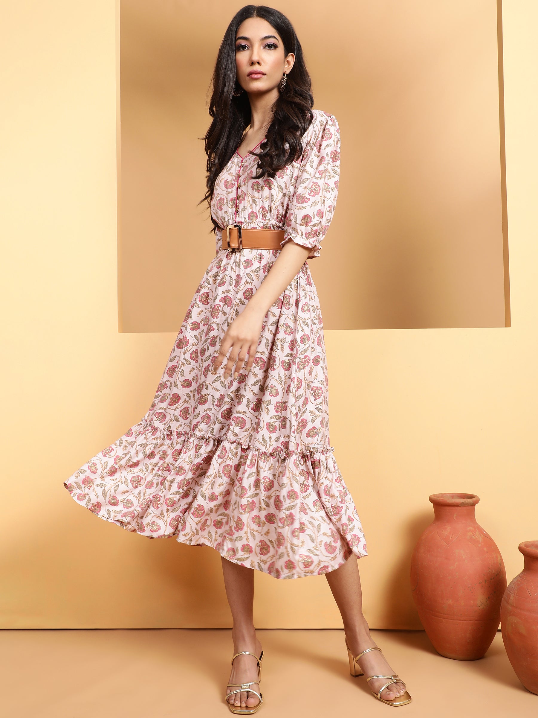 Women Cream V-Neck Printed Dress