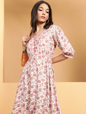 Women Cream V-Neck Printed Dress