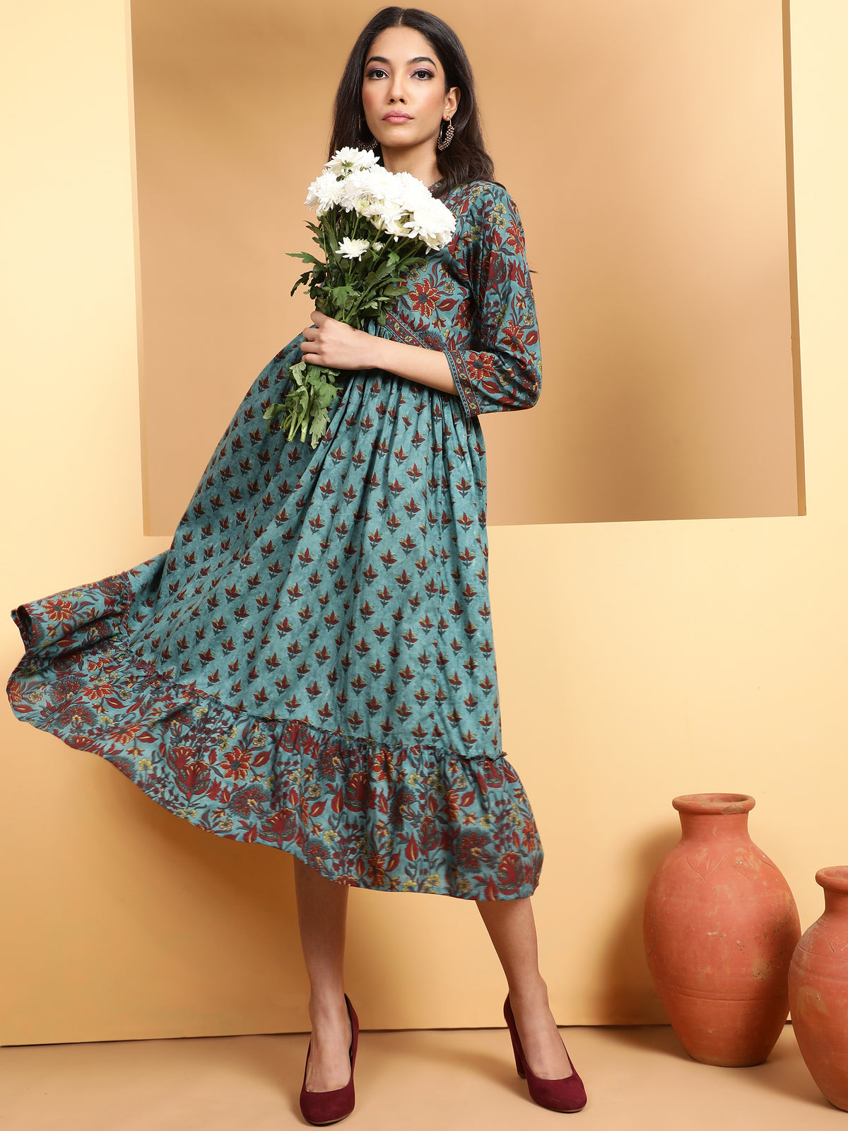 Women Teal V-Neck Printed Dress
