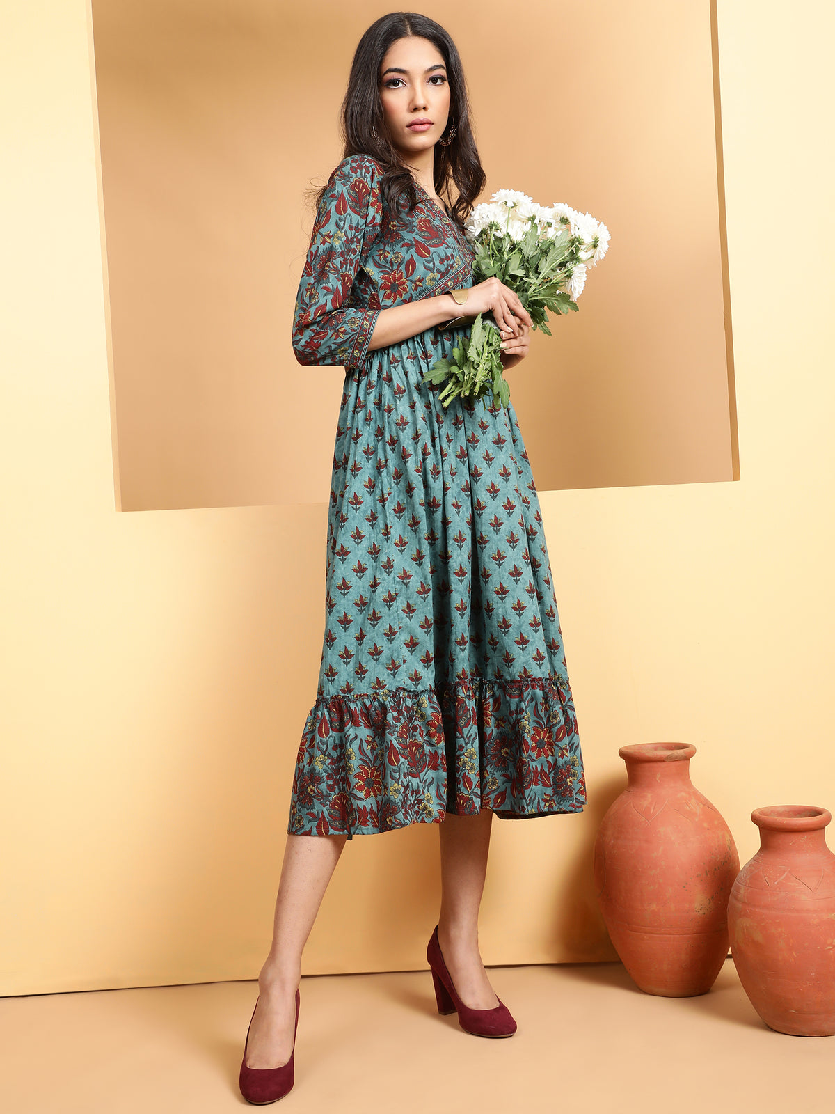 Women Teal V-Neck Printed Dress