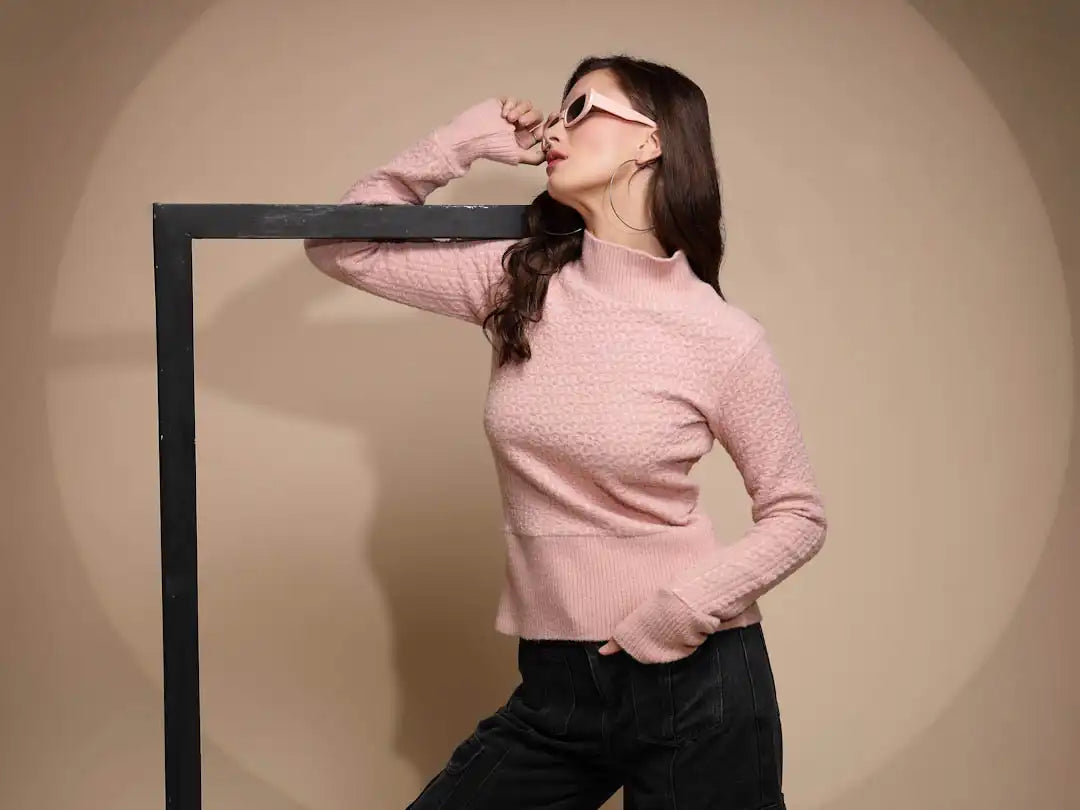 Pink Solid Turtle Neck Hosiery Sweatshirt
