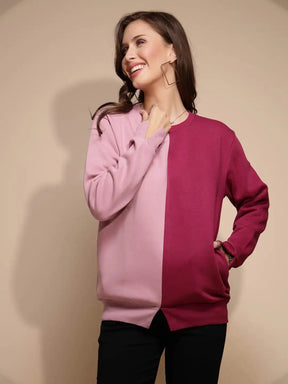 Pink Solid Round Neck Hosiery Sweatshirt