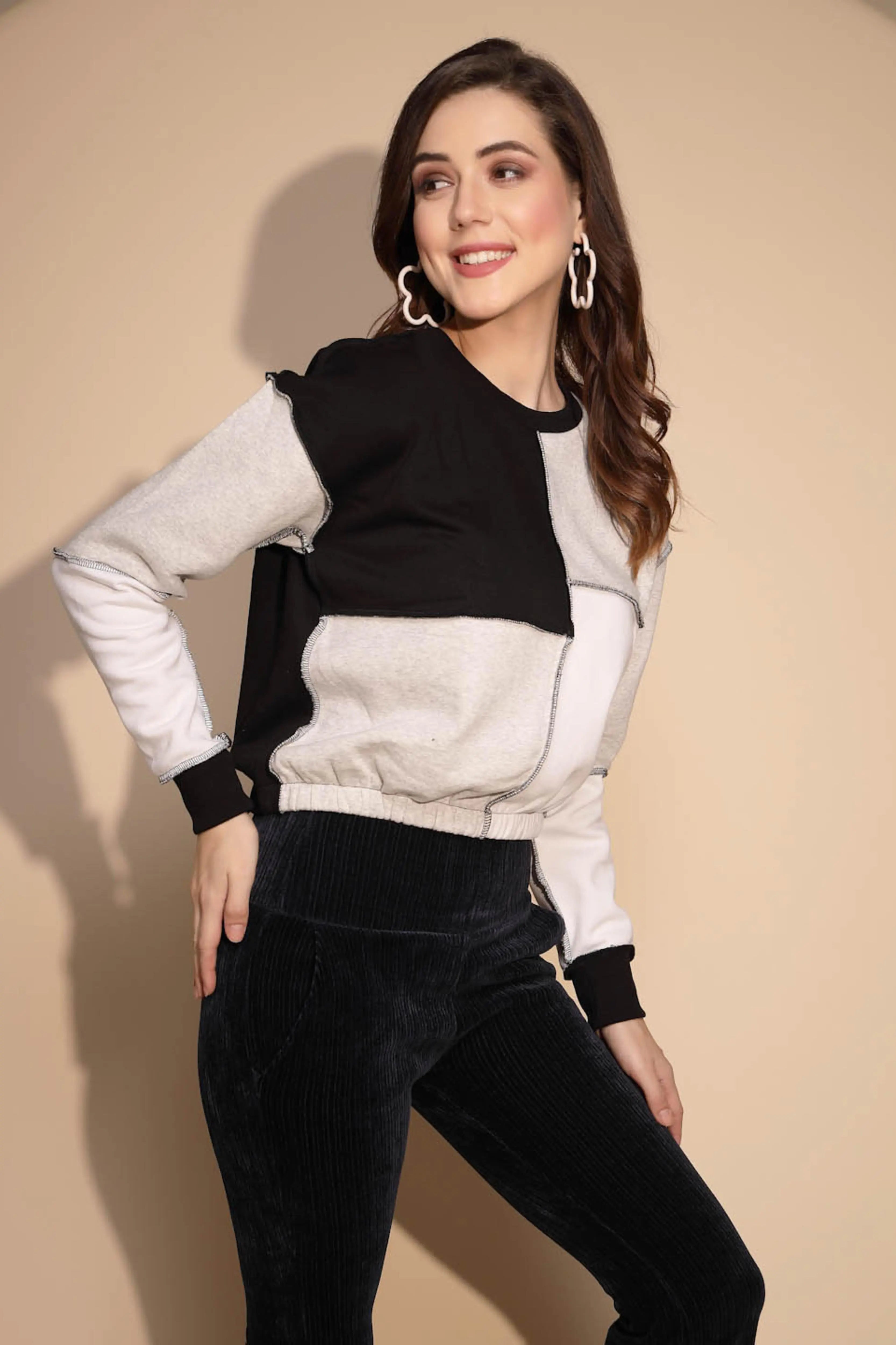 Color Block Cotton Blend Crop Sweatshirt - Global Republic
