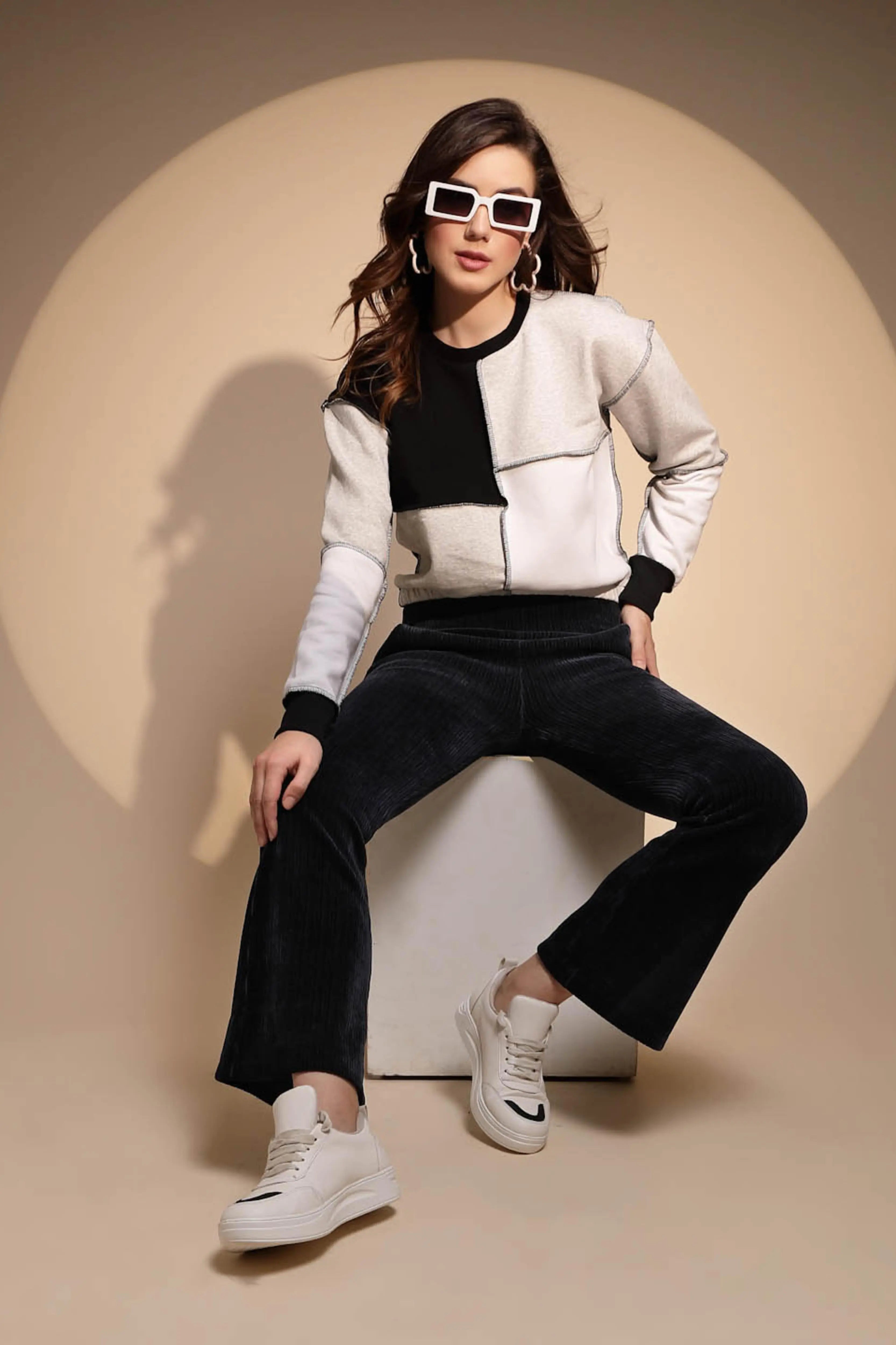 Color Block Cotton Blend Crop Sweatshirt - Global Republic