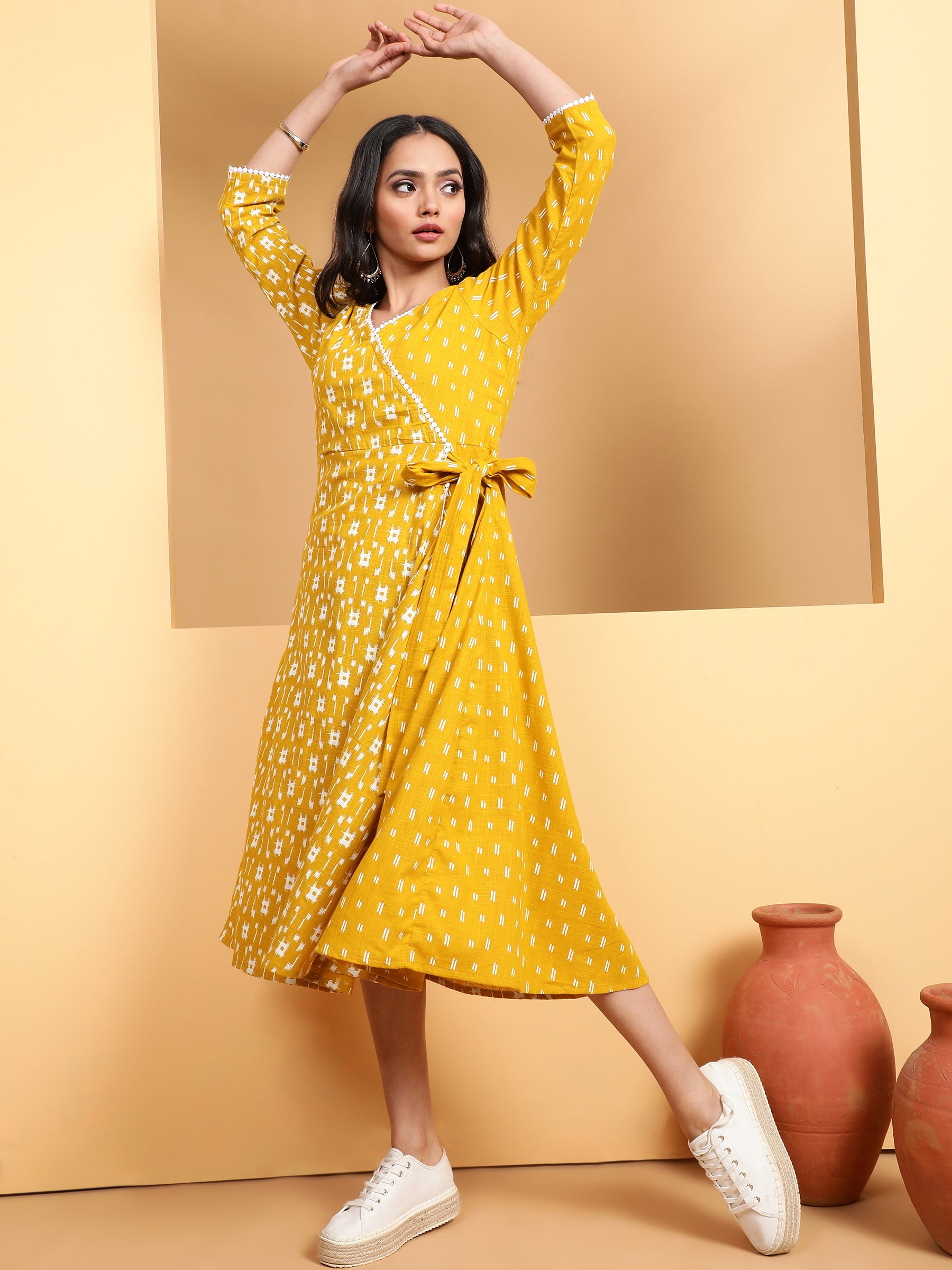Women Mustard V-Neck Printed Dress - Global Republic