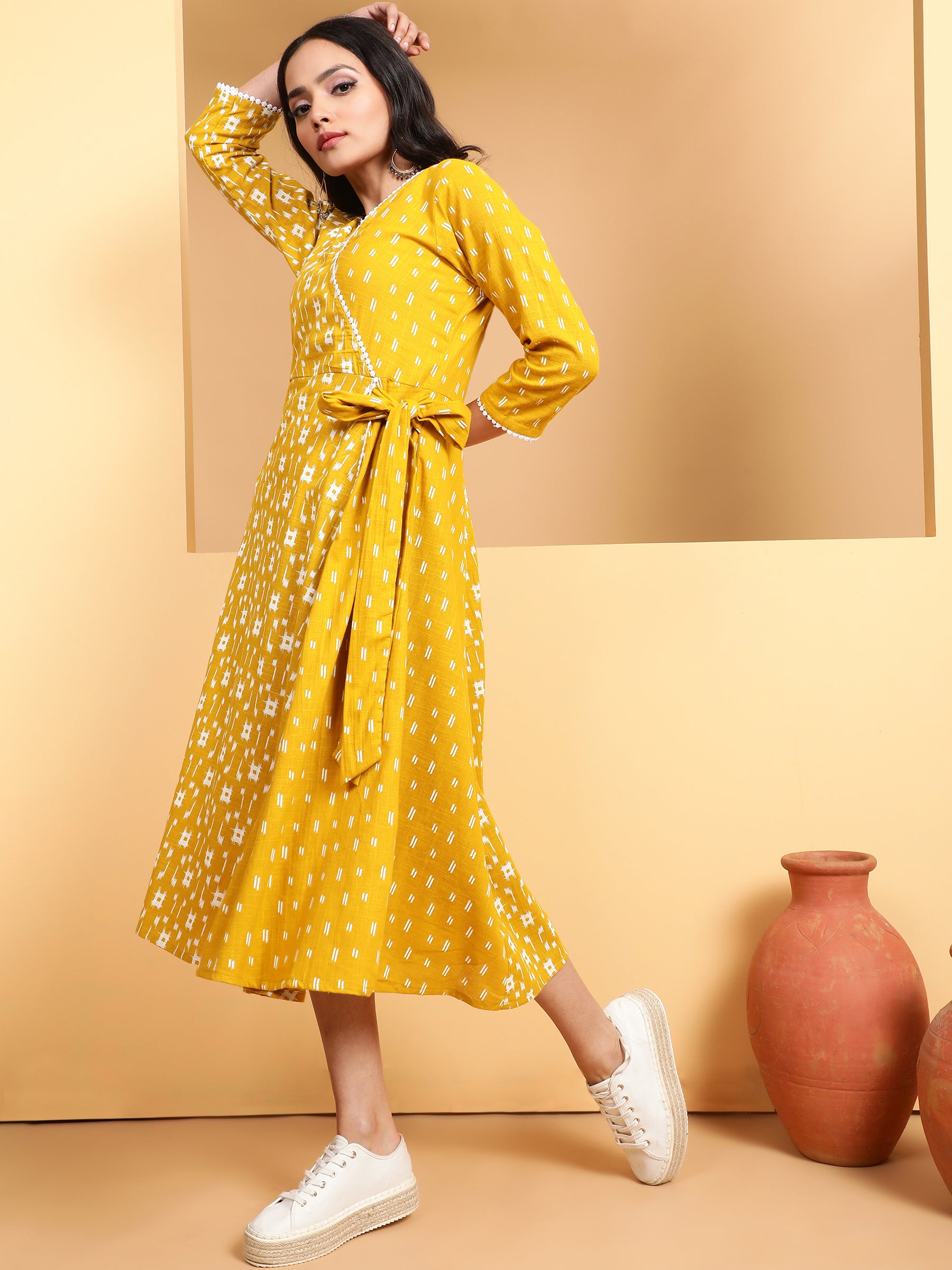 Women Mustard V-Neck Printed Dress - Global Republic