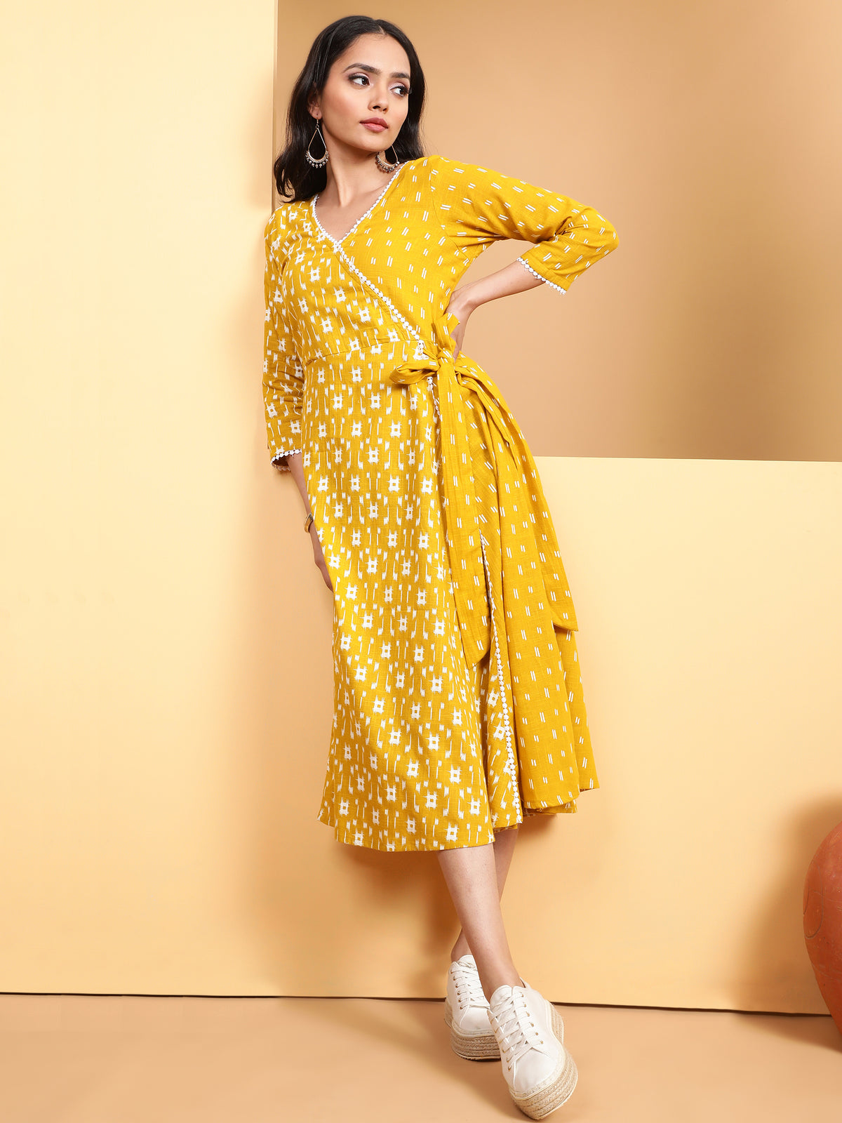 Women Mustard V-Neck Printed Dress
