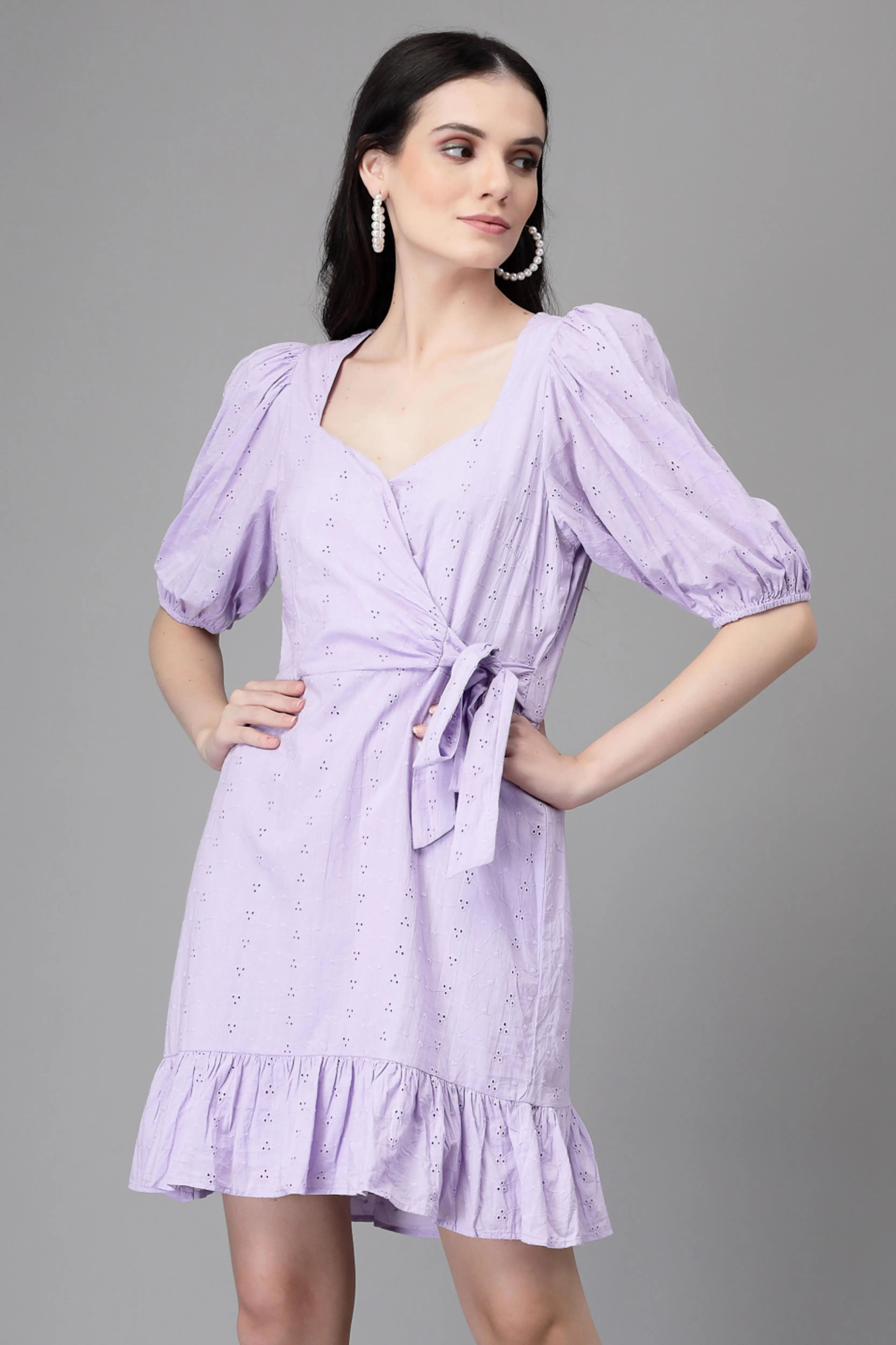 Lilac Embroidered Cotton Flared Dress - Global Republic