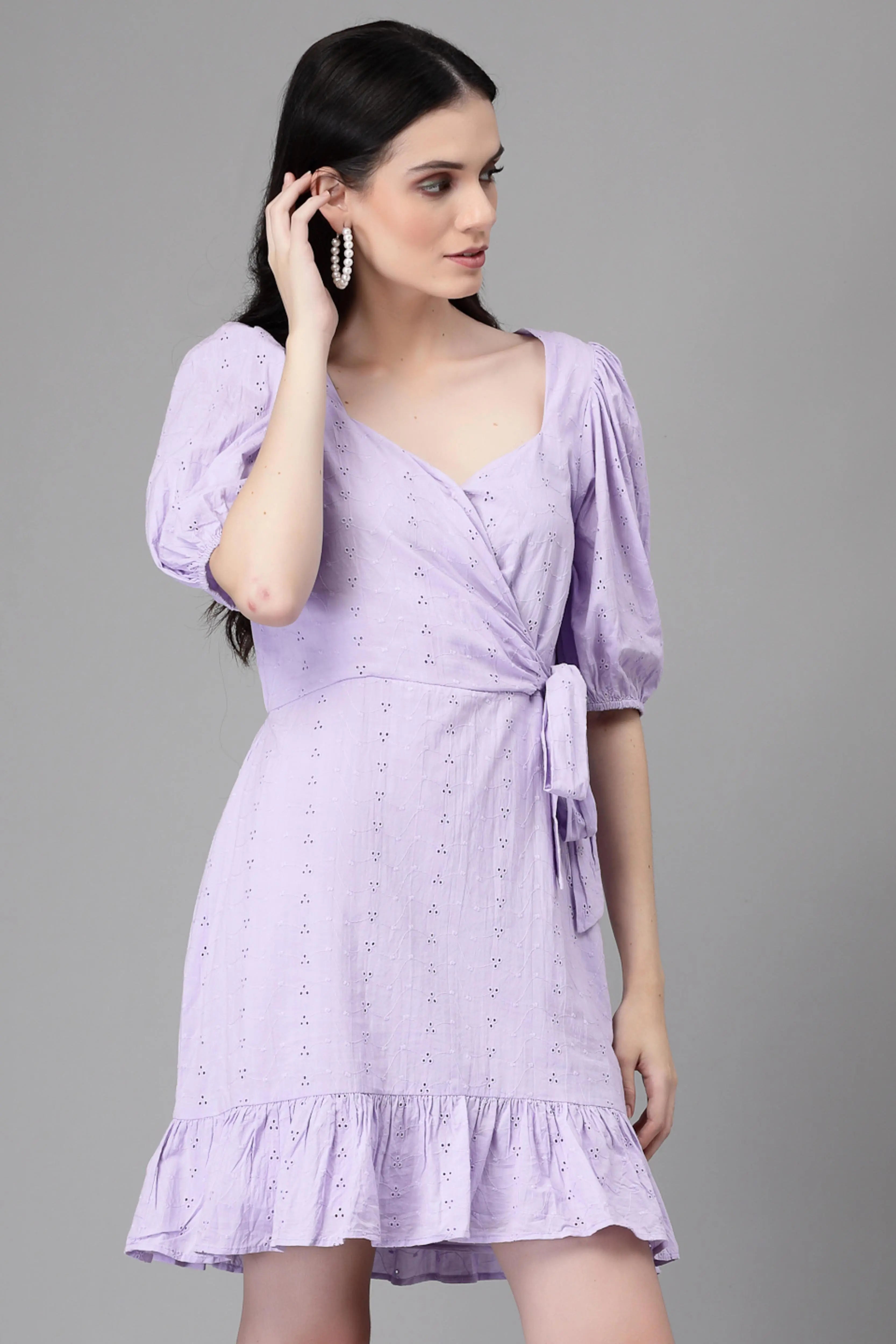 Lilac Embroidered Cotton Flared Dress - Global Republic