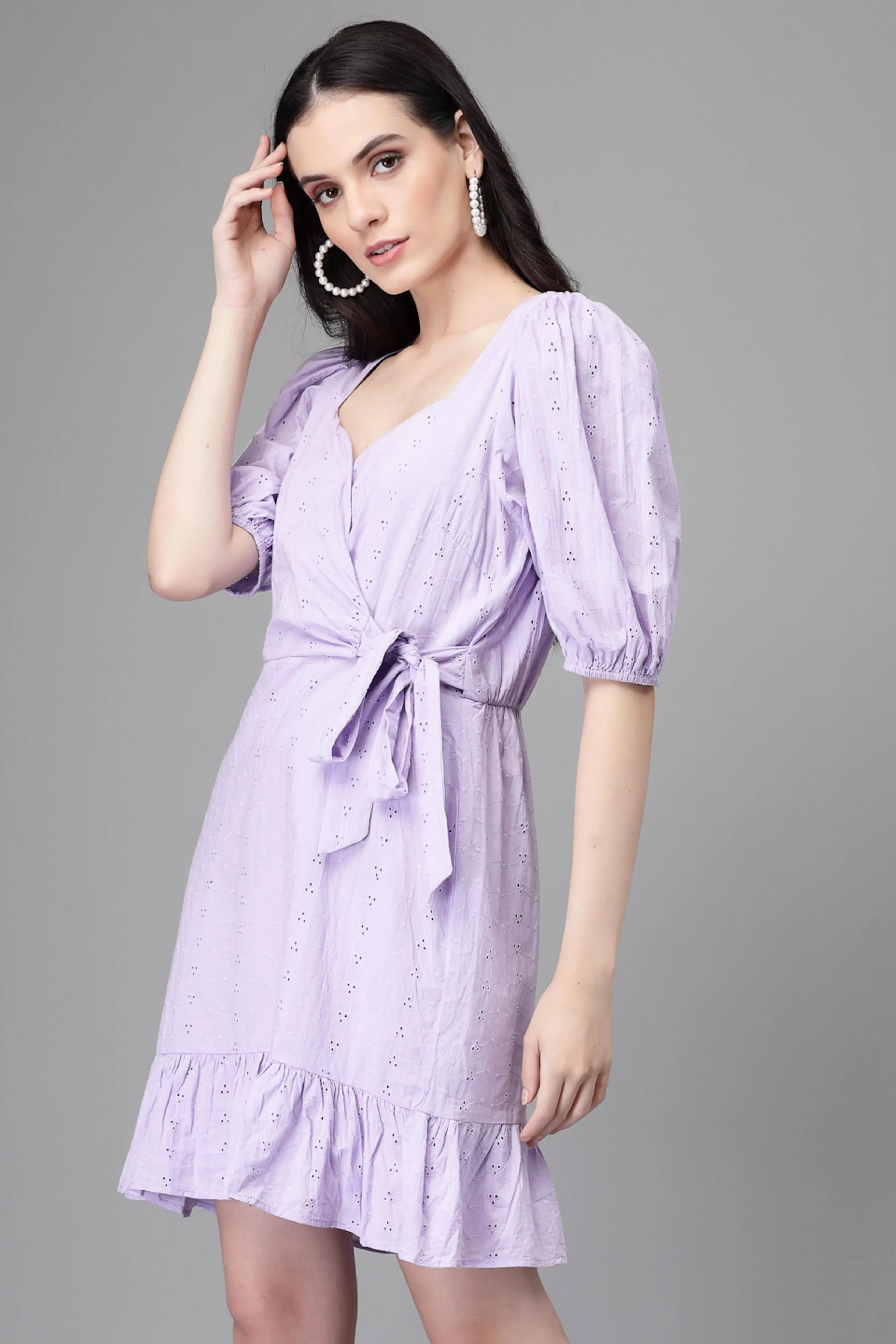 Lilac Embroidered Cotton Flared Dress - Global Republic