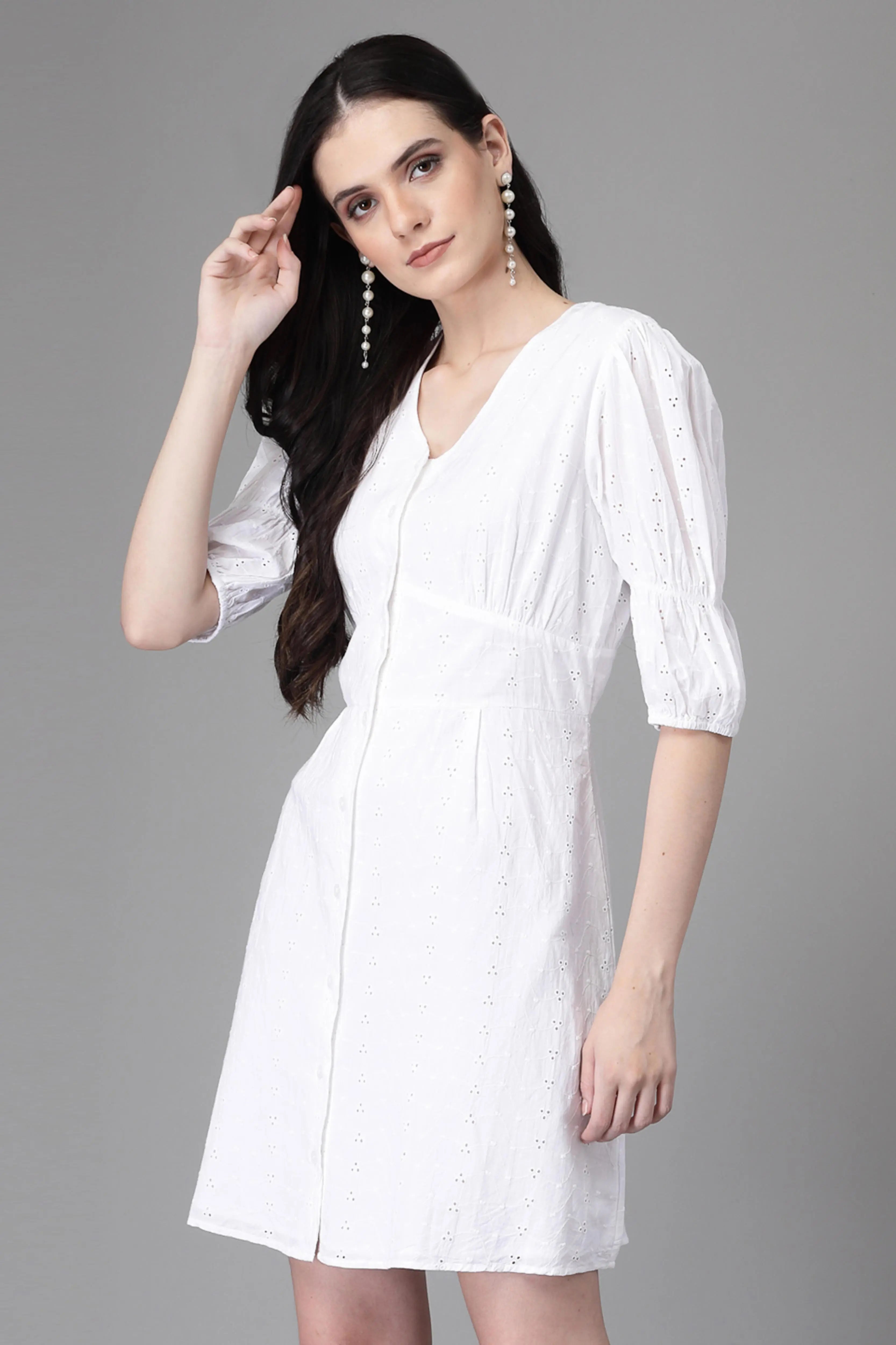 White Embroidered Cotton Flared Dress - Global Republic