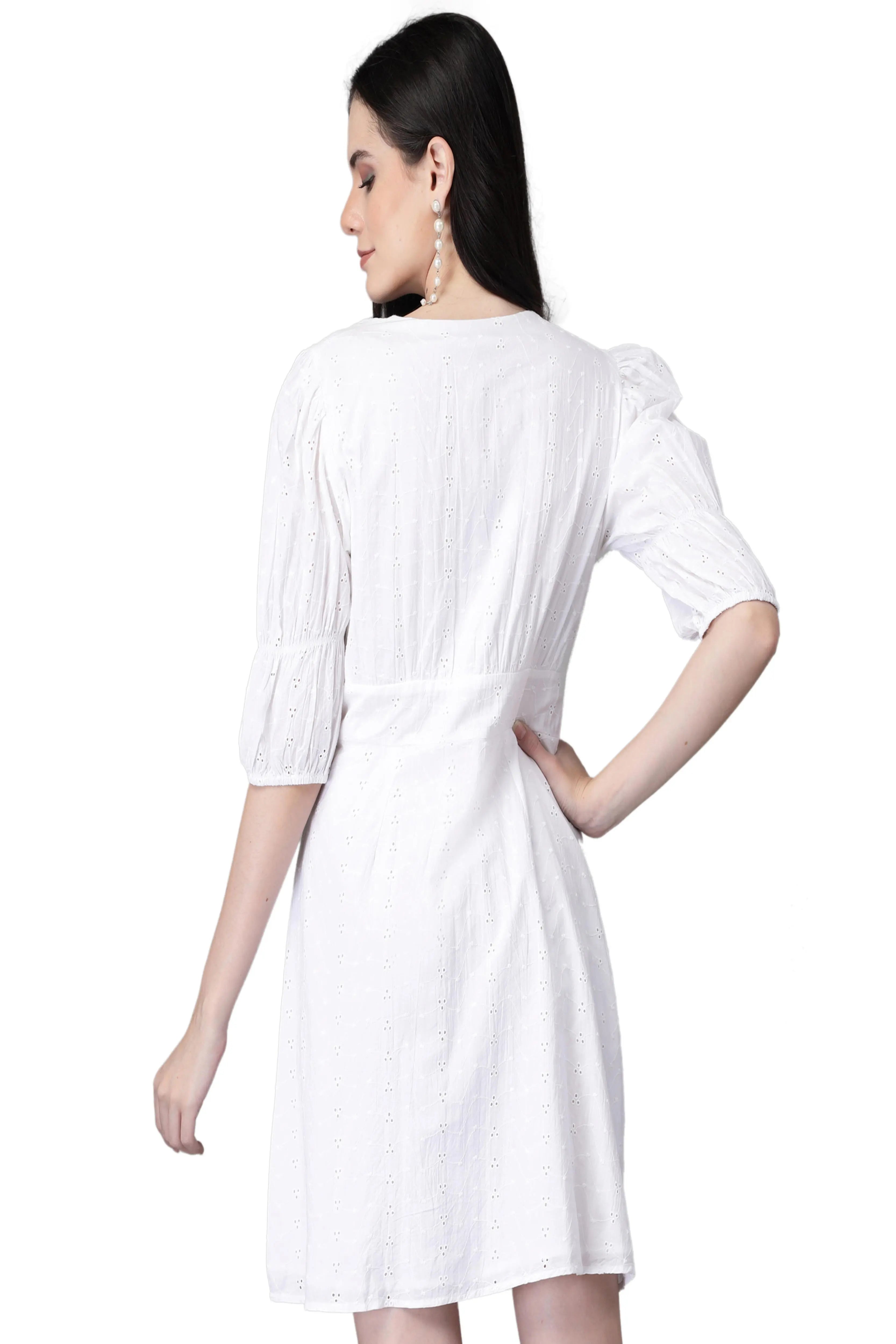 White Embroidered Cotton Flared Dress - Global Republic