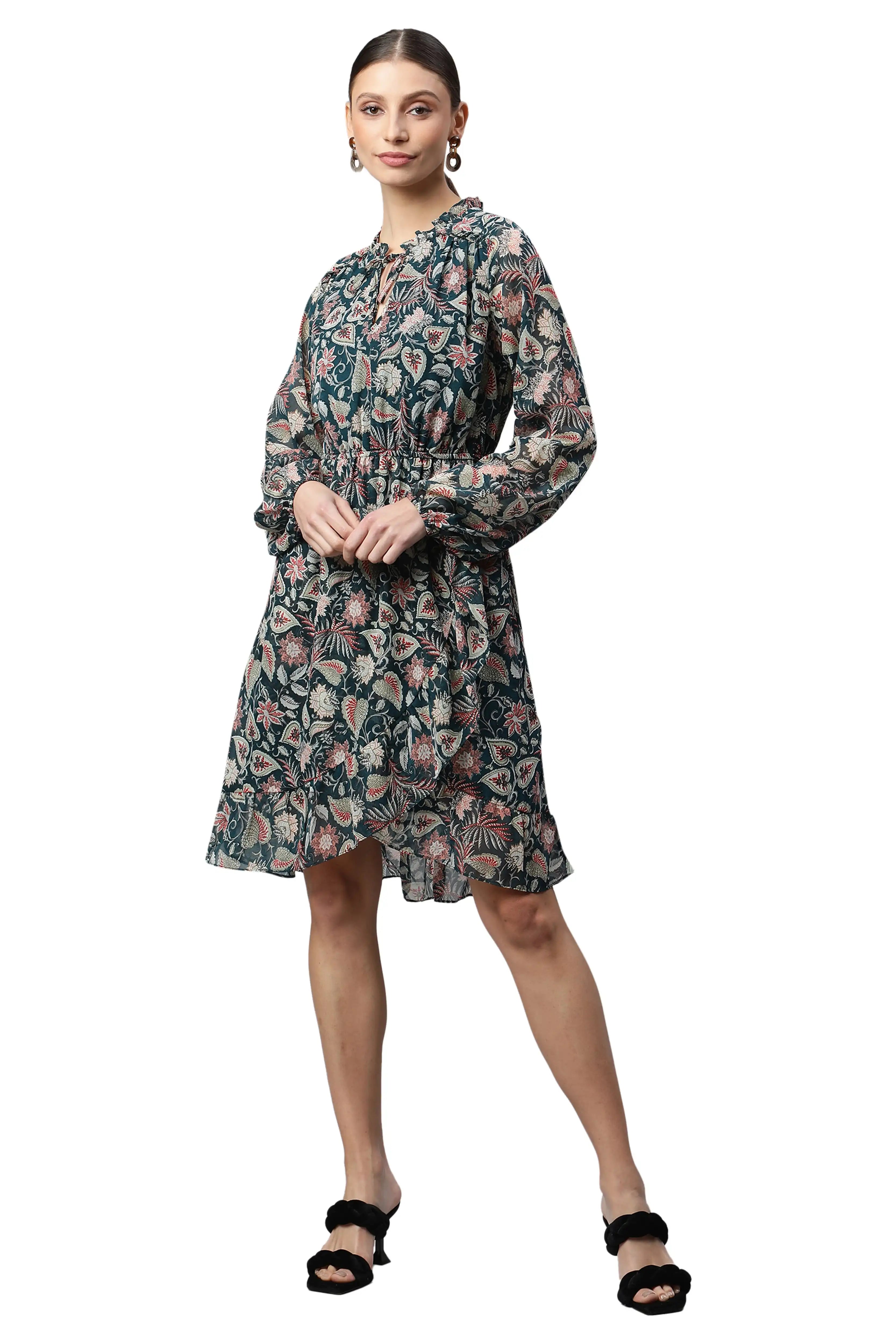 Bottle Green Floral Printed Dress