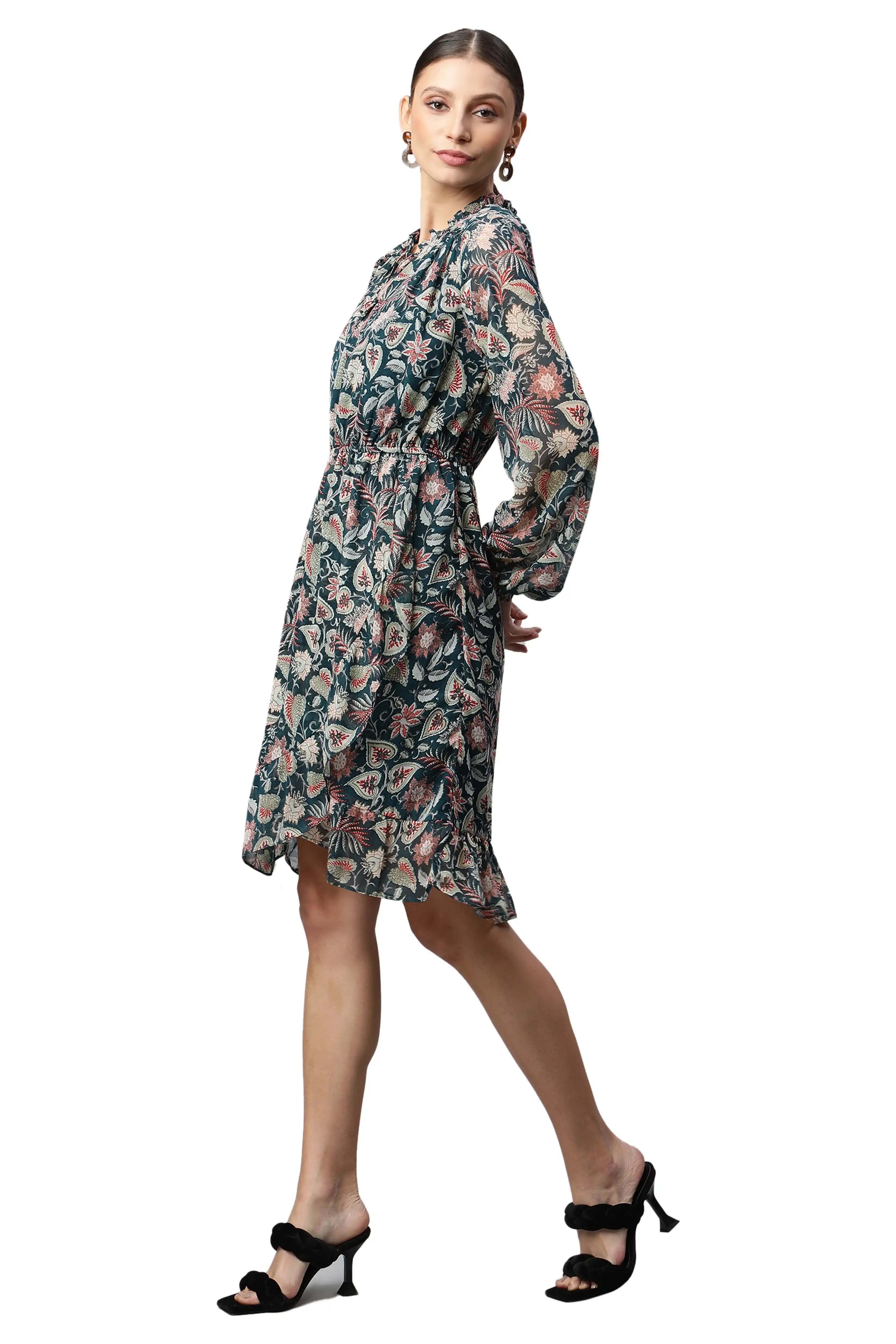 Bottle Green Floral Printed Dress
