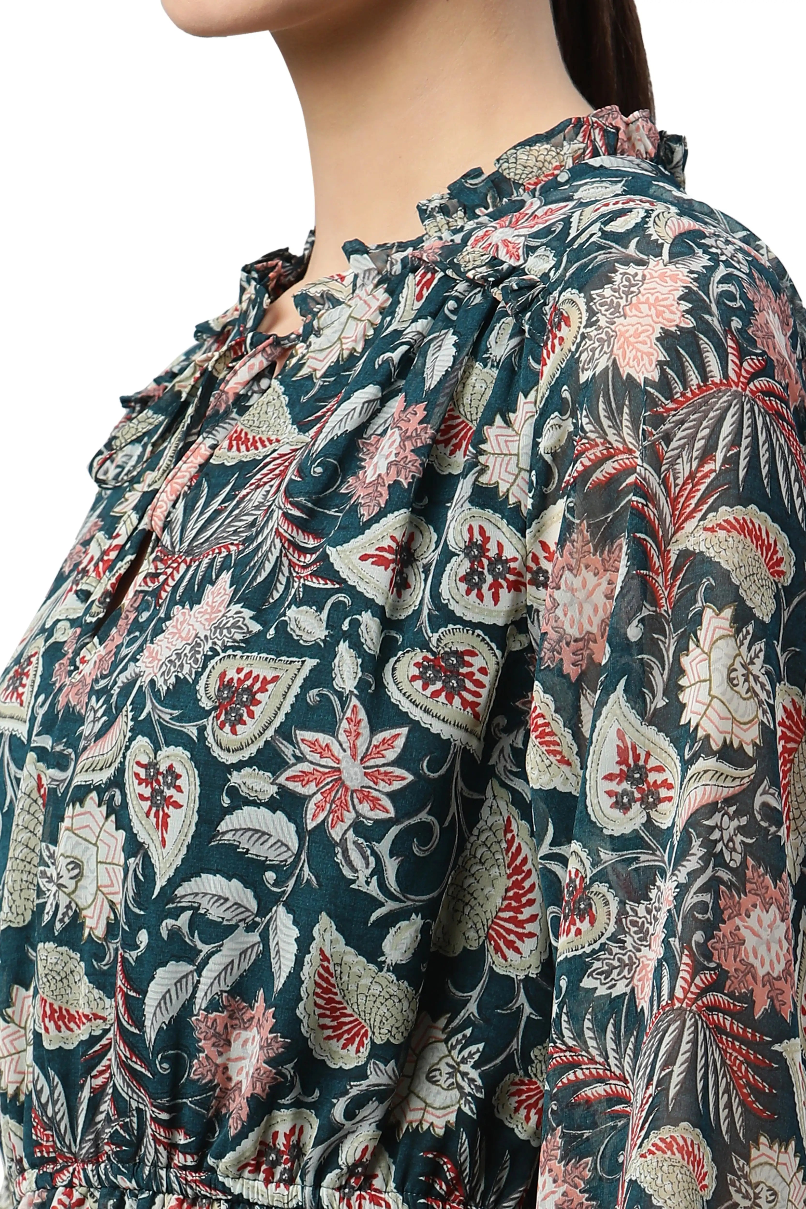 Bottle Green Floral Printed Dress