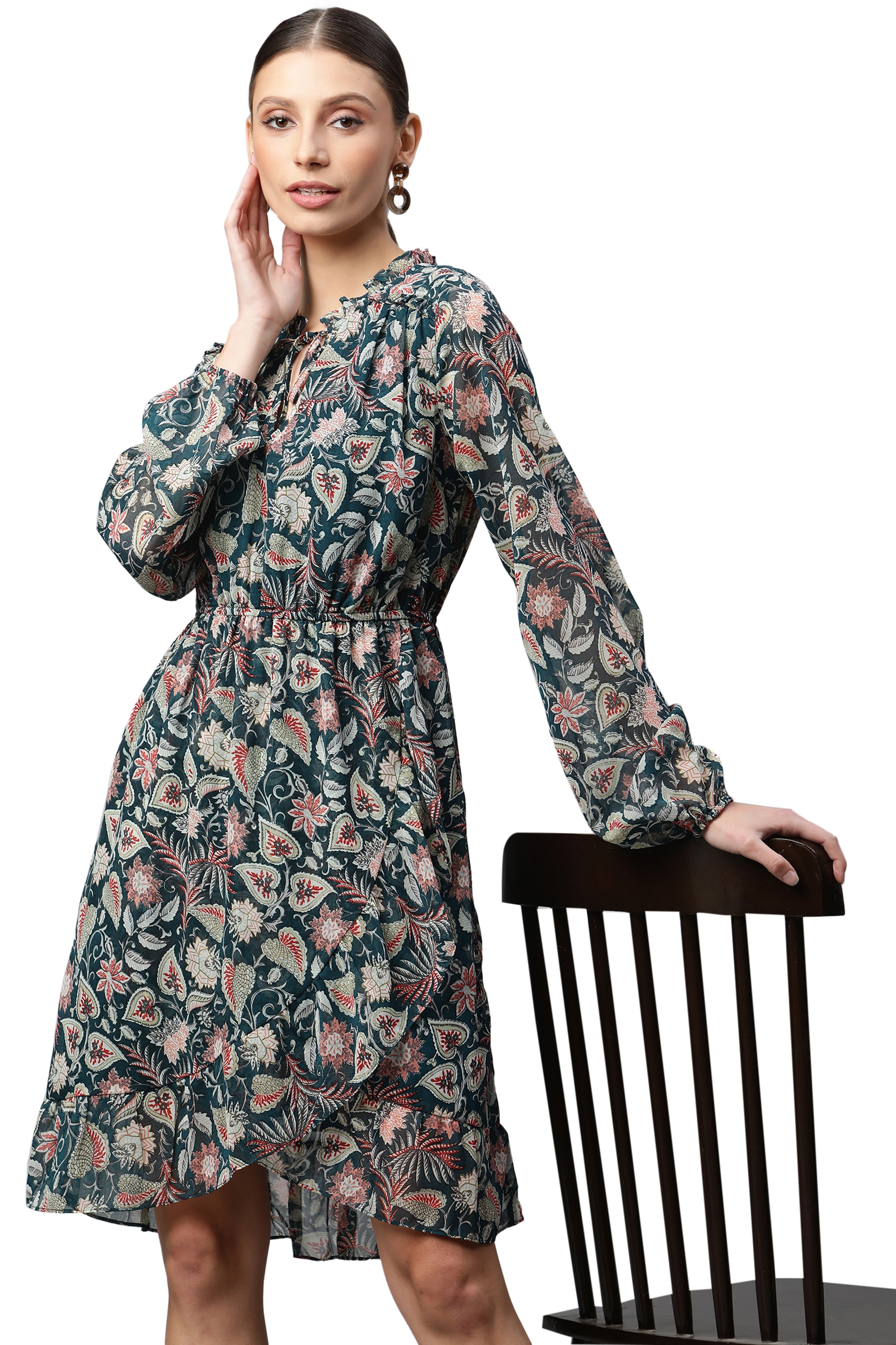 Bottle Green Floral Printed Dress