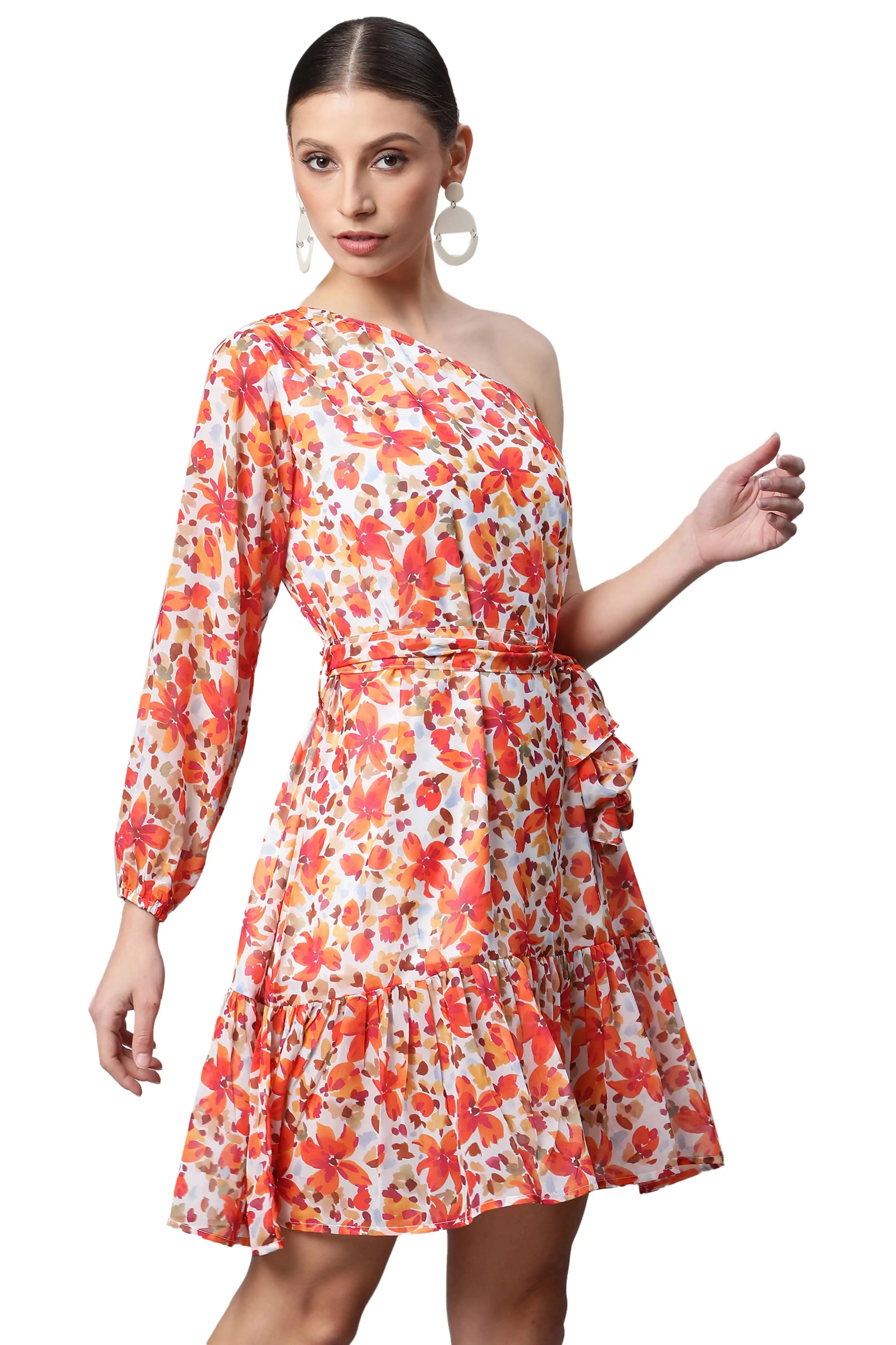 One-Shoulder Orange Floral Dress