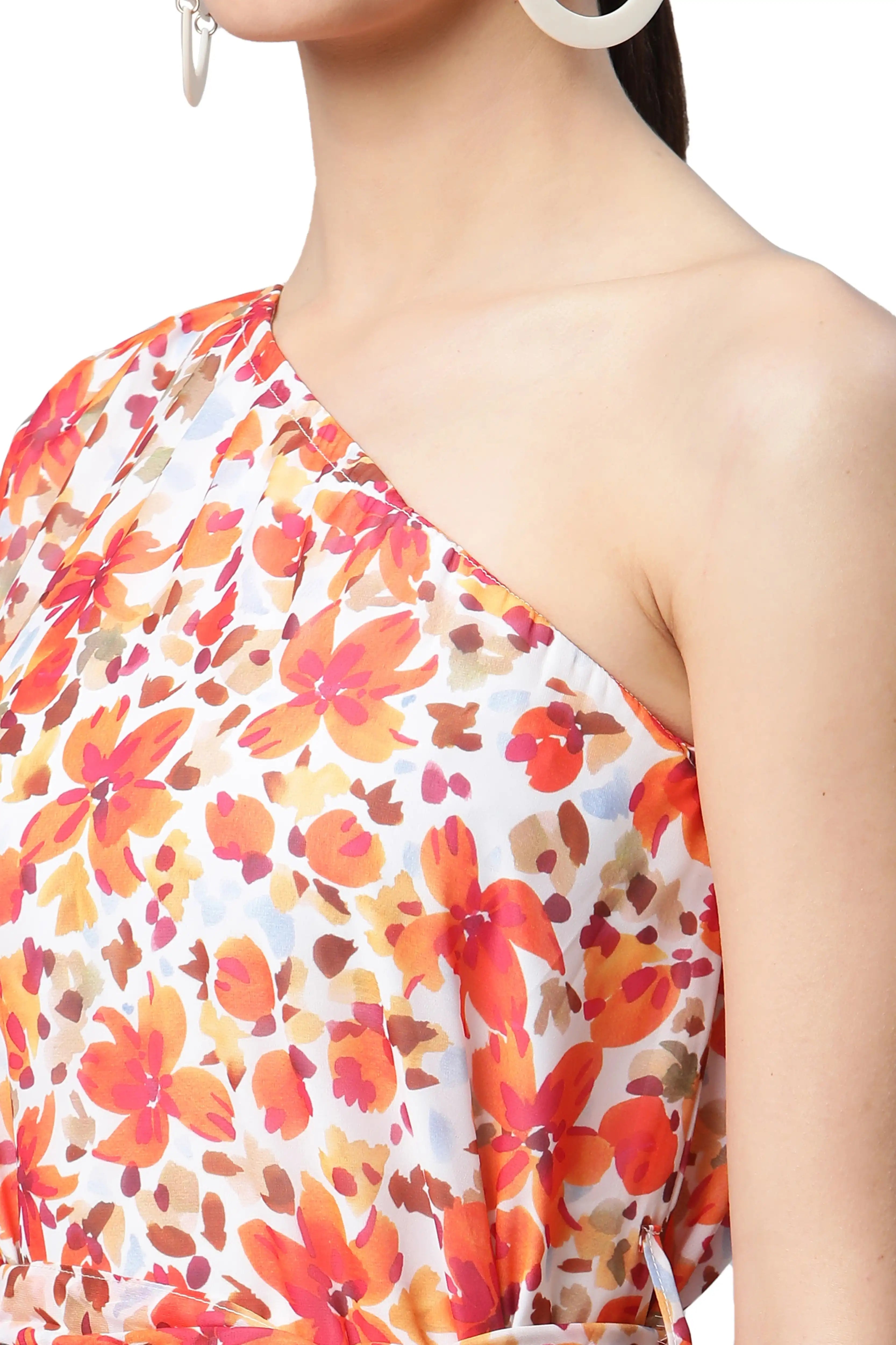 One-Shoulder Orange Floral Dress
