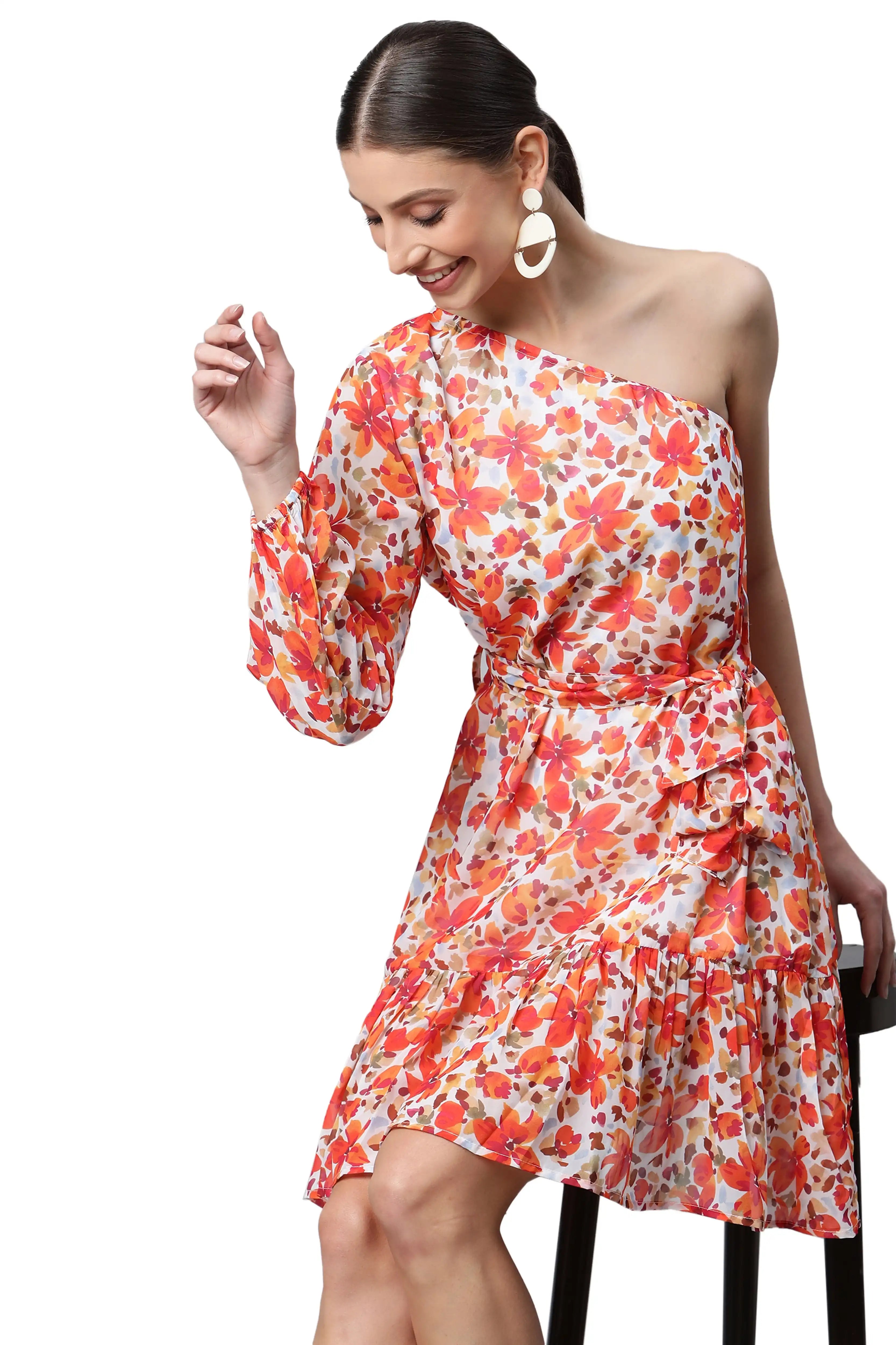 One-Shoulder Orange Floral Dress