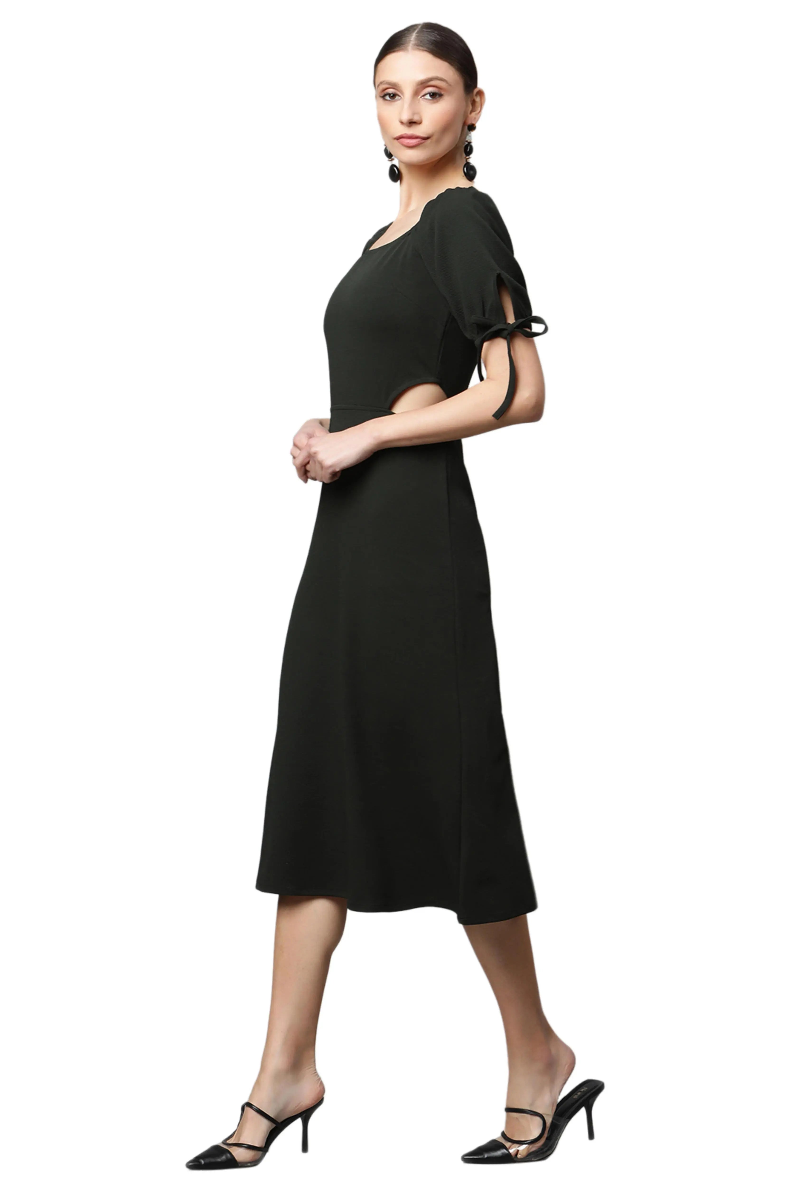 women forest green waist cut bodycon dress