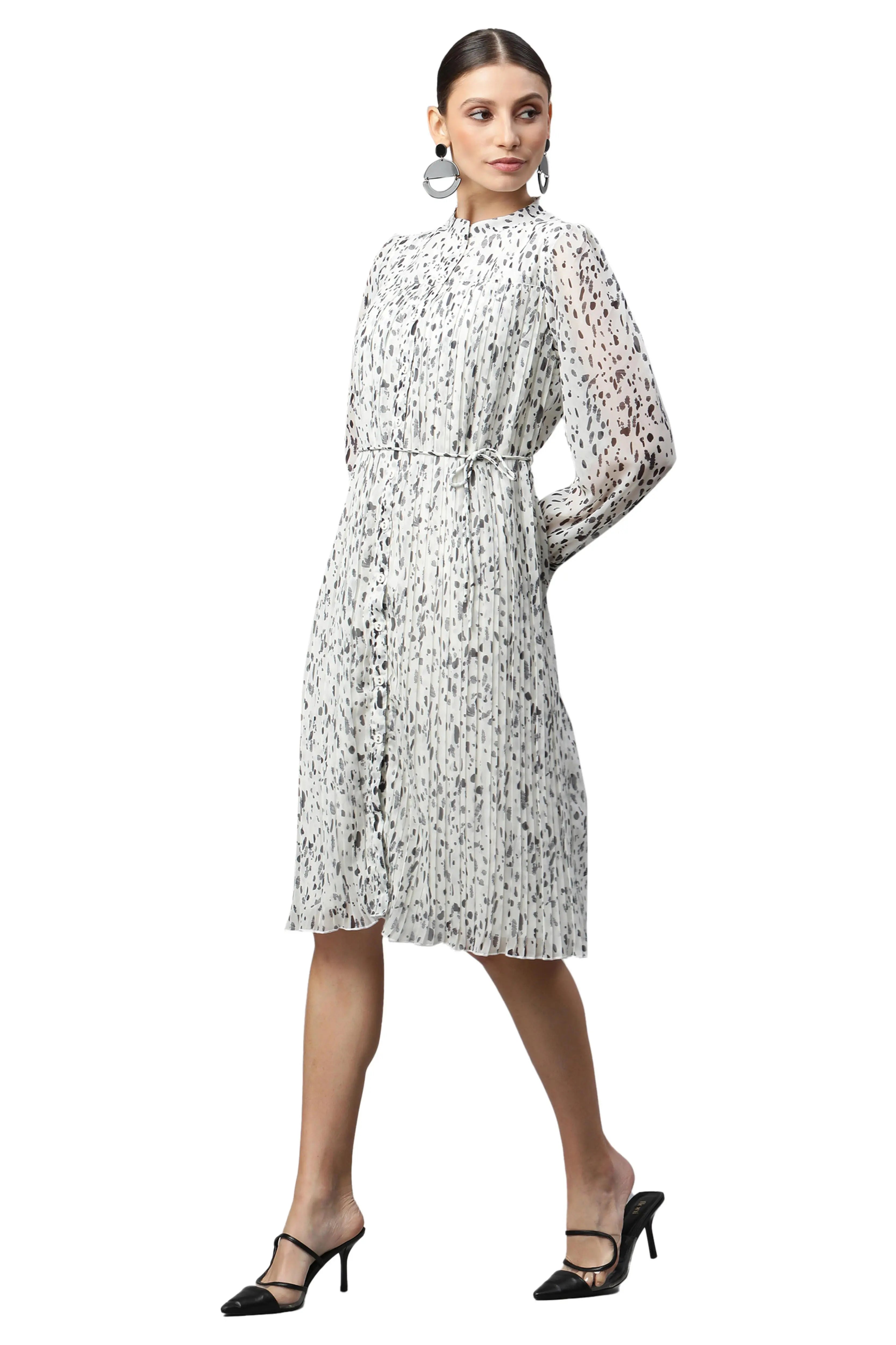 women white mandarin black polka dots dress