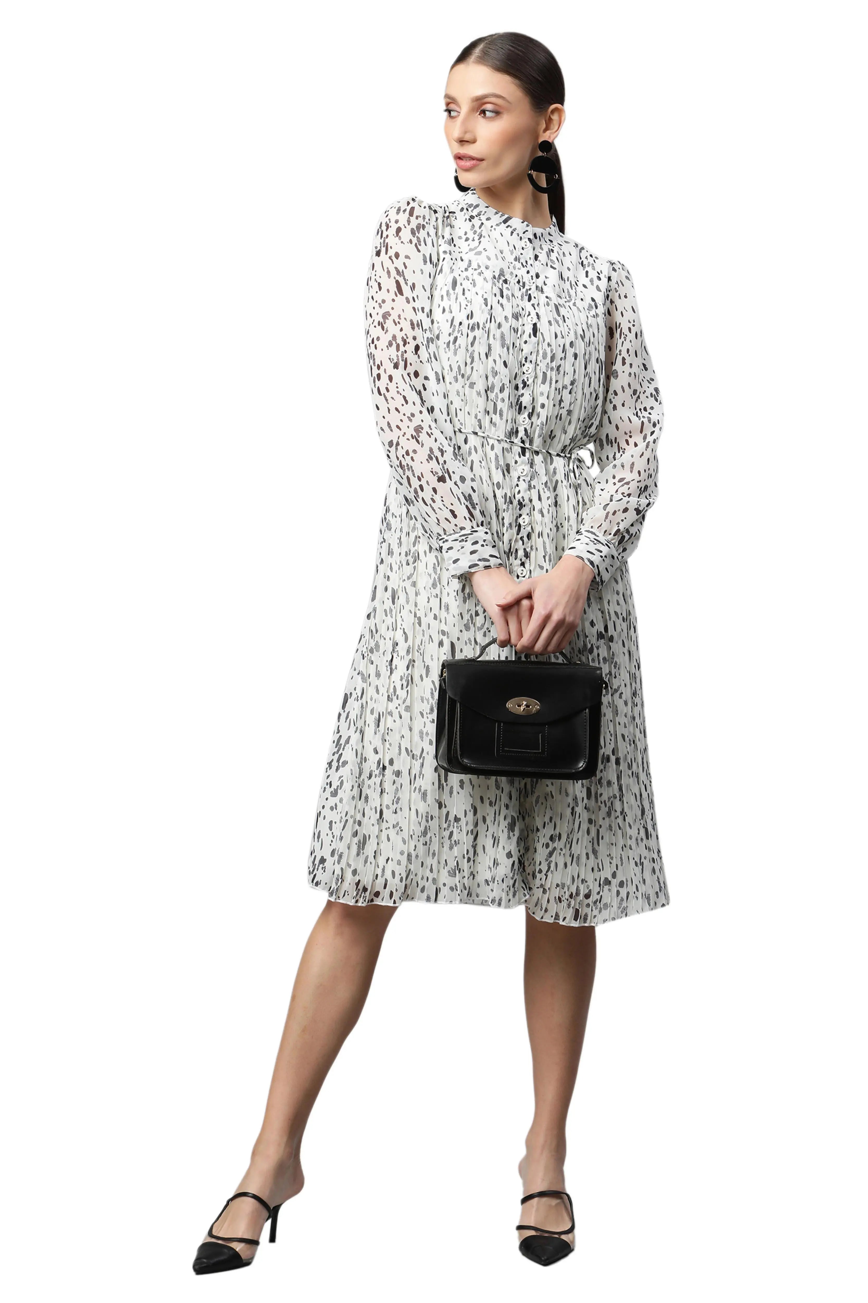 women white mandarin black polka dots dress