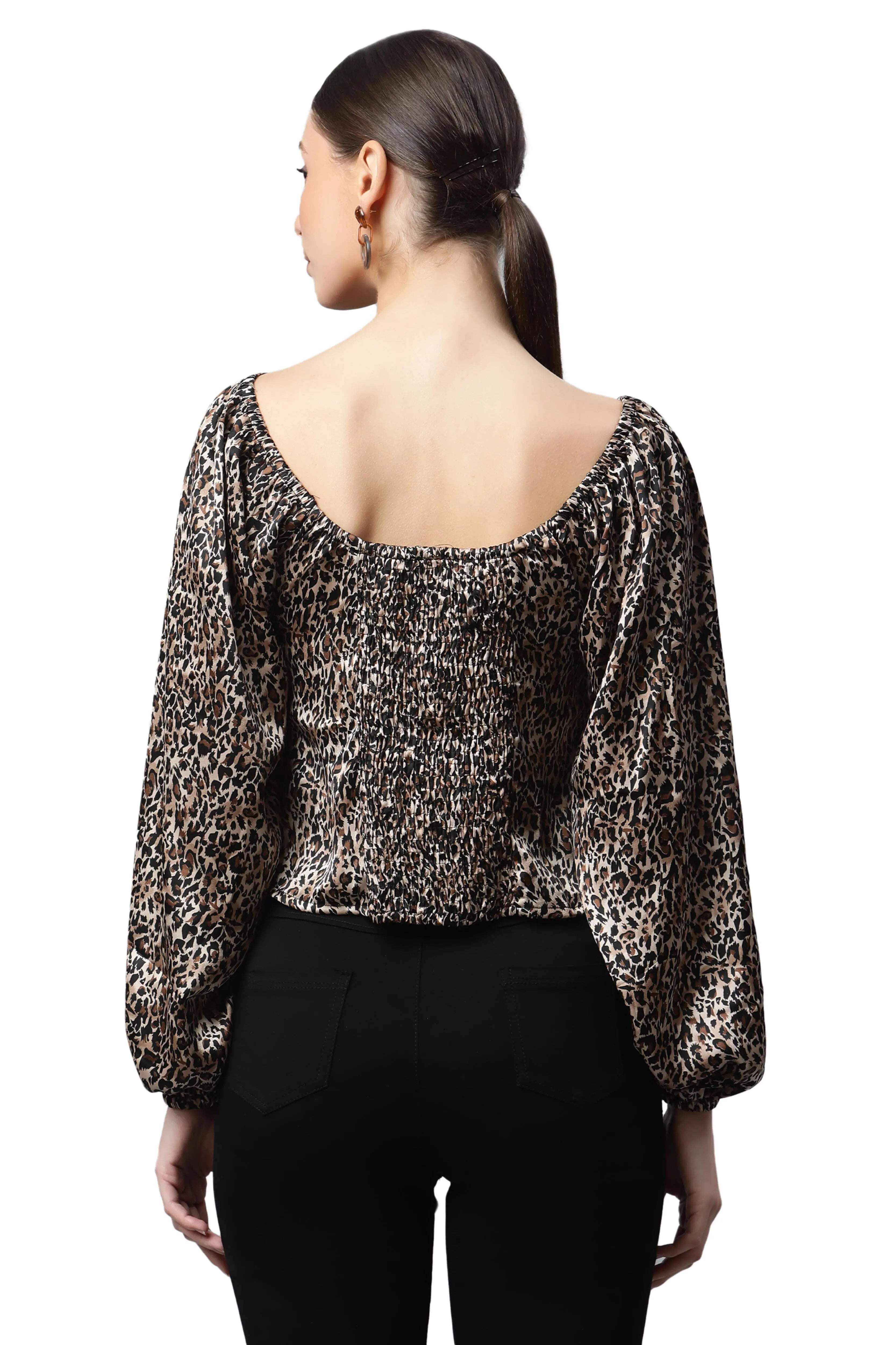 Brown Leopard Printed Blouson Top - Global Republic