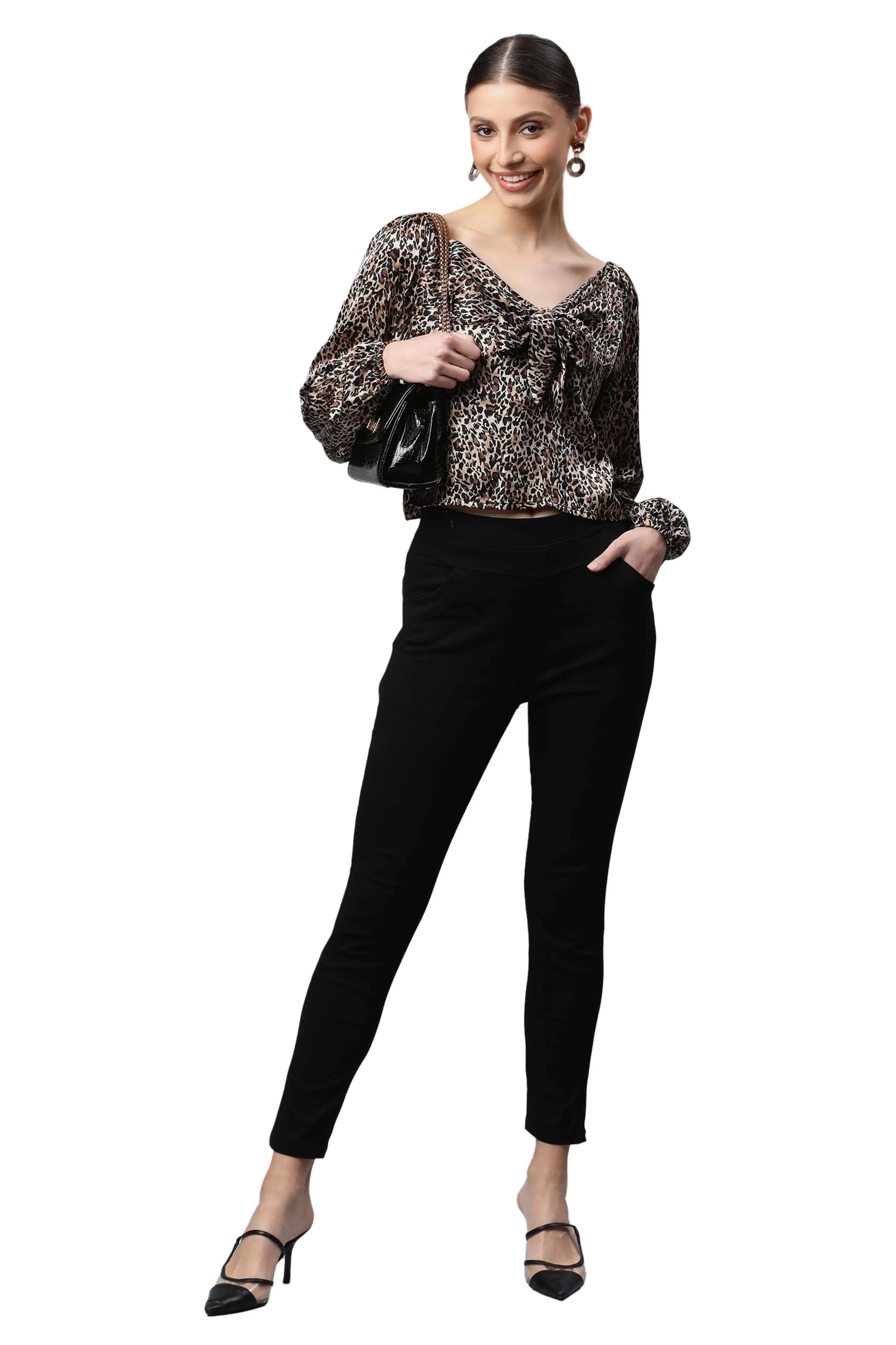 Brown Leopard Printed Blouson Top - Global Republic