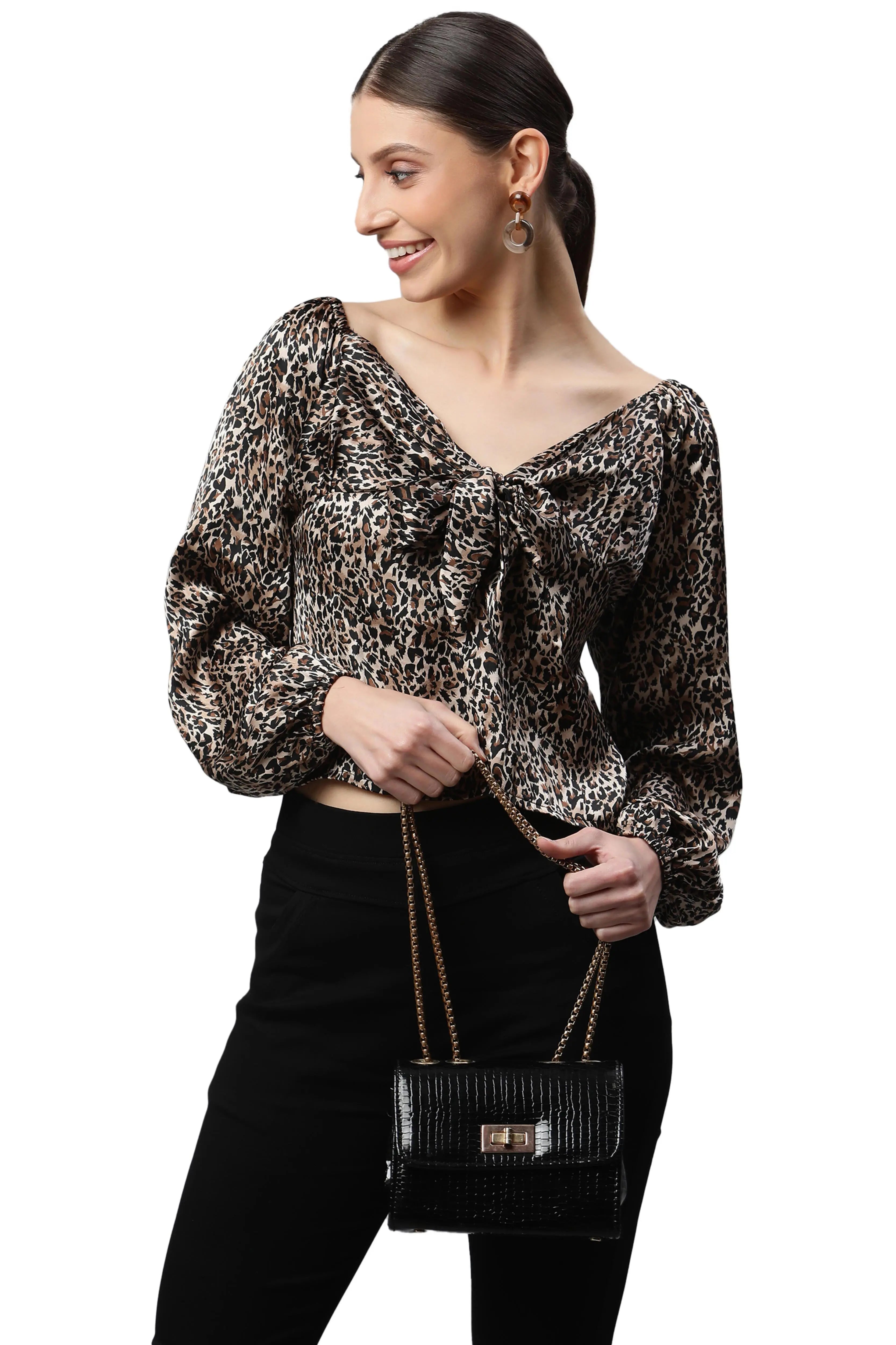 Brown Leopard Printed Blouson Top - Global Republic
