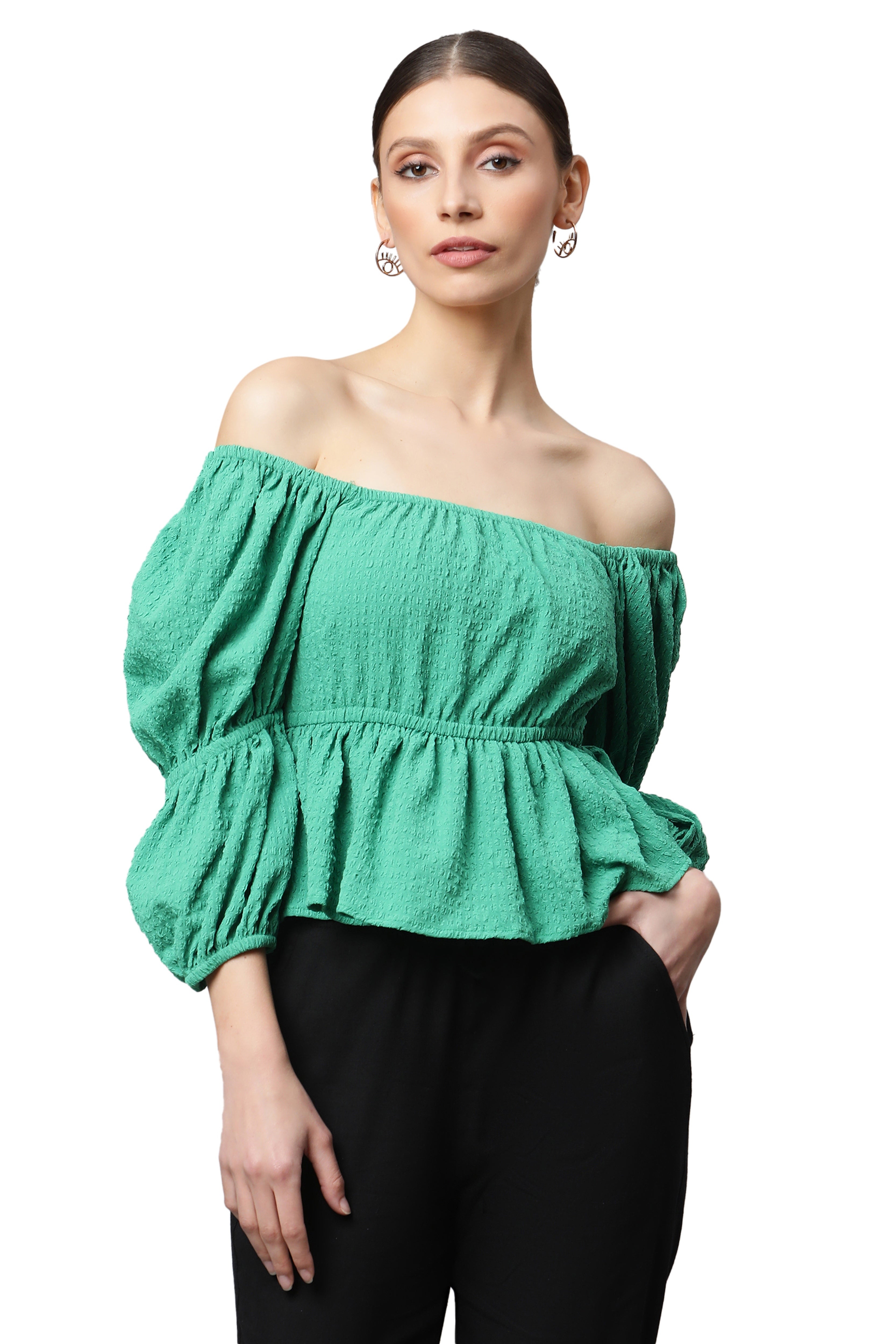 Green Off-Shoulder Peplum Top
