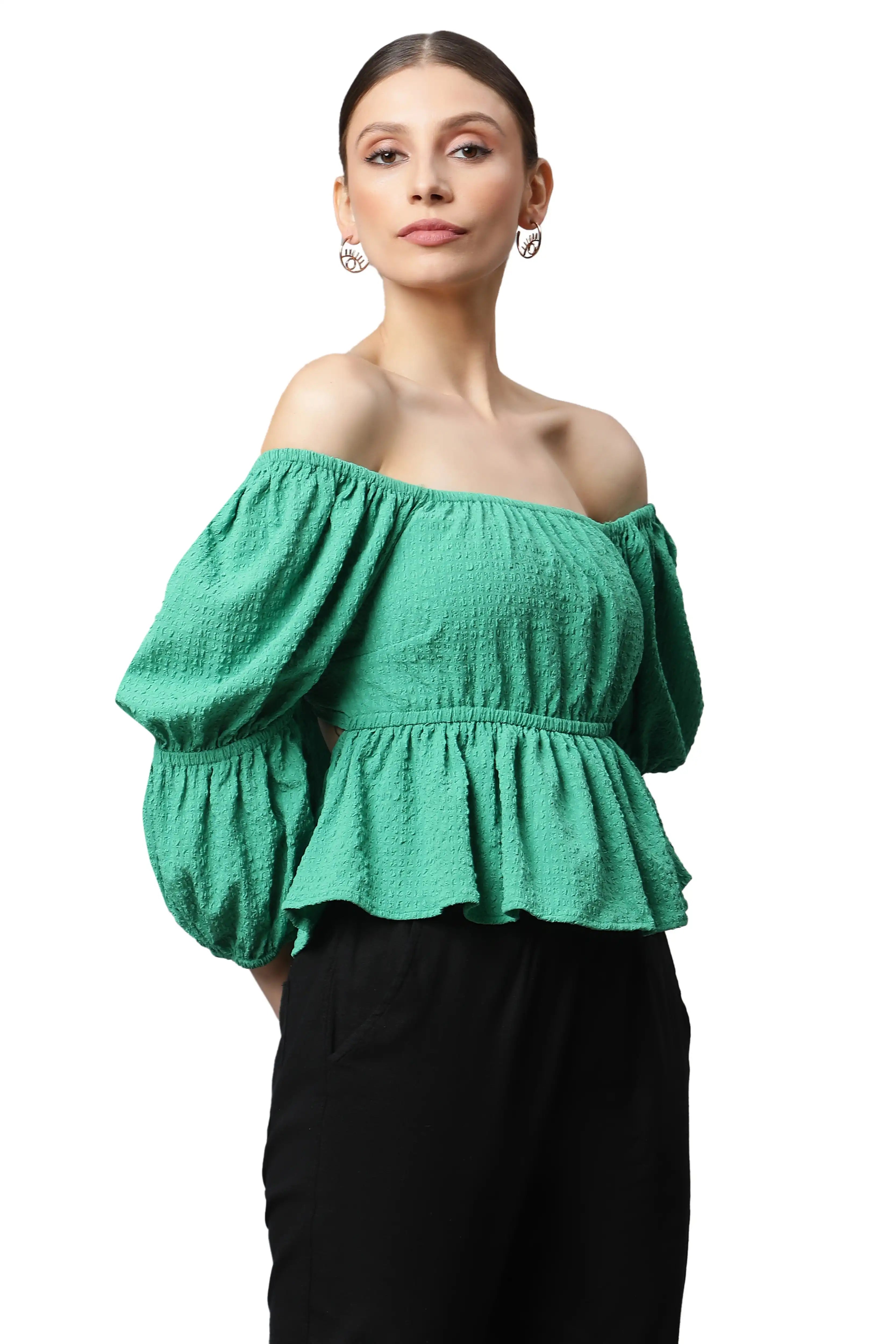 Green Off-Shoulder Peplum Top