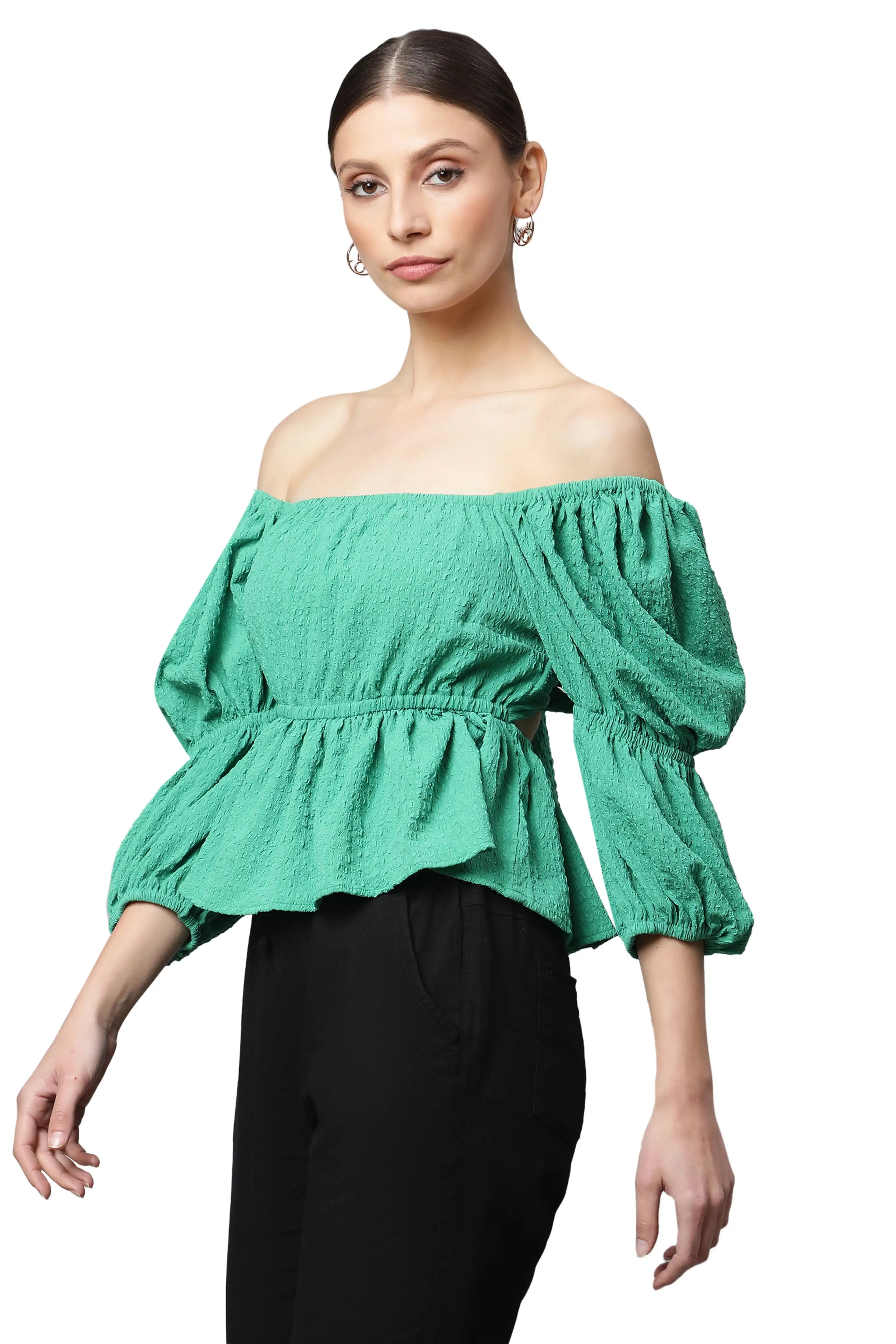 Green Off-Shoulder Peplum Top