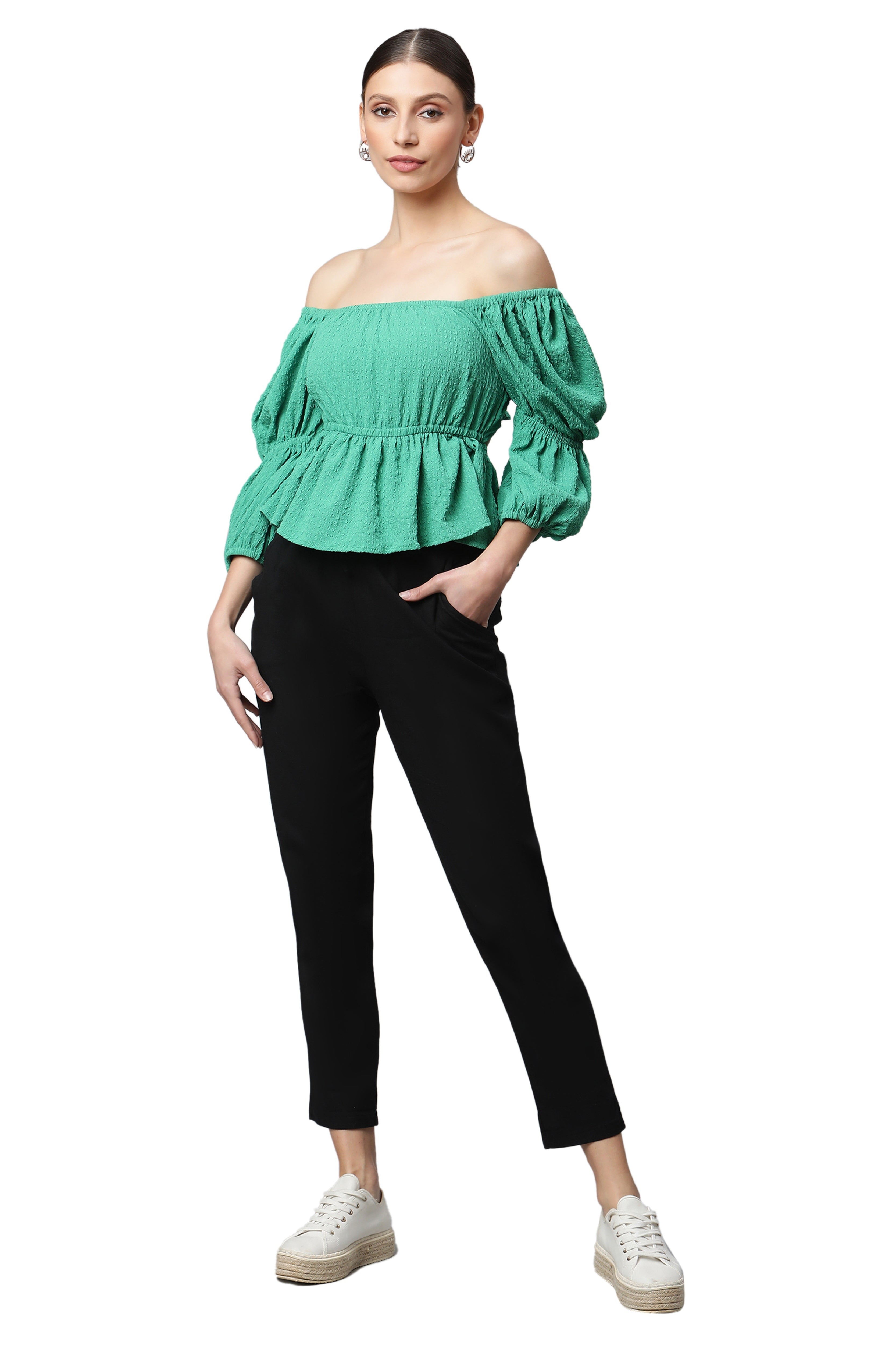 Green Off-Shoulder Peplum Top